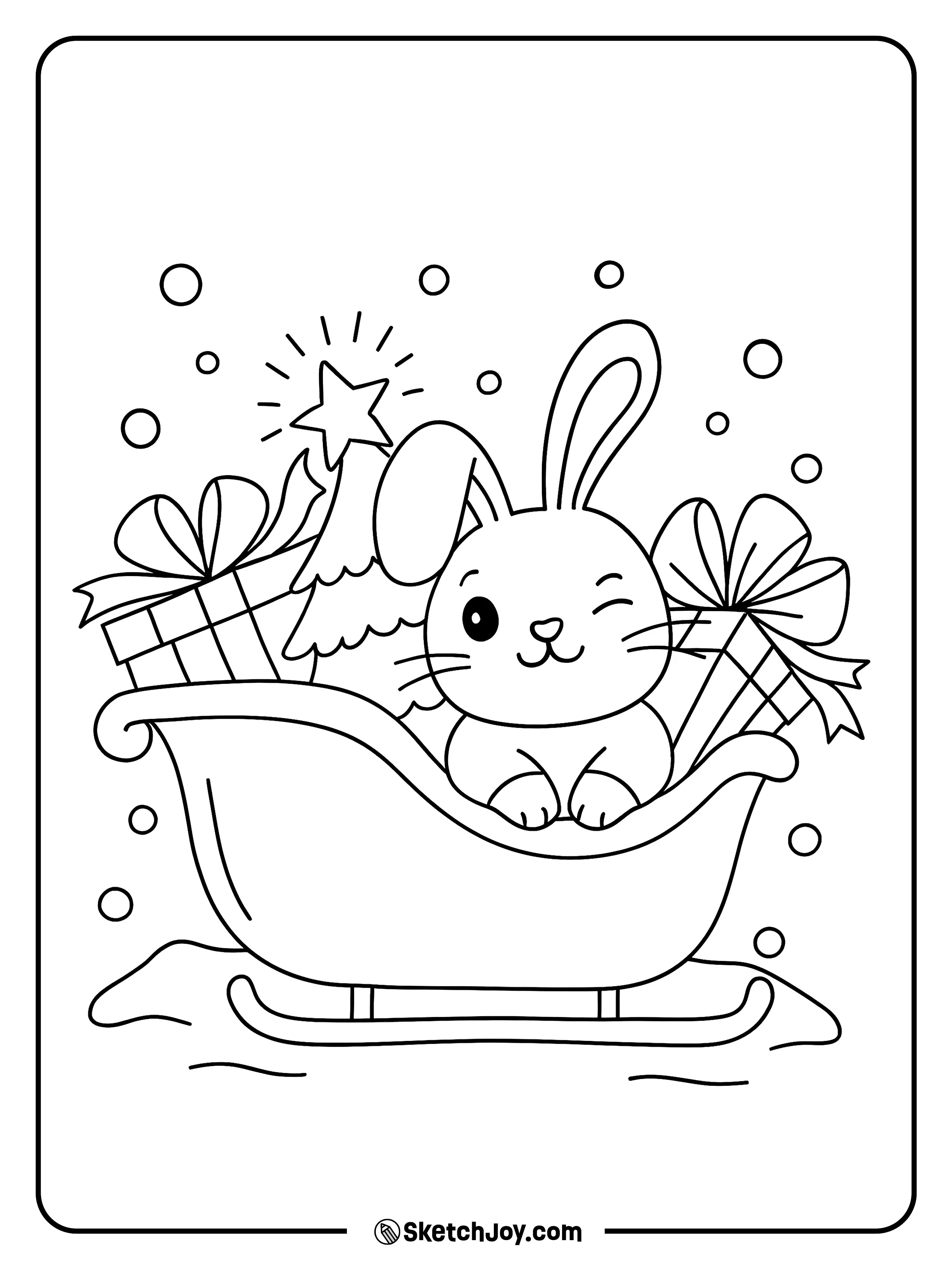 A winking bunny sits in a sleigh packed with gifts and a tiny tree as snow falls.