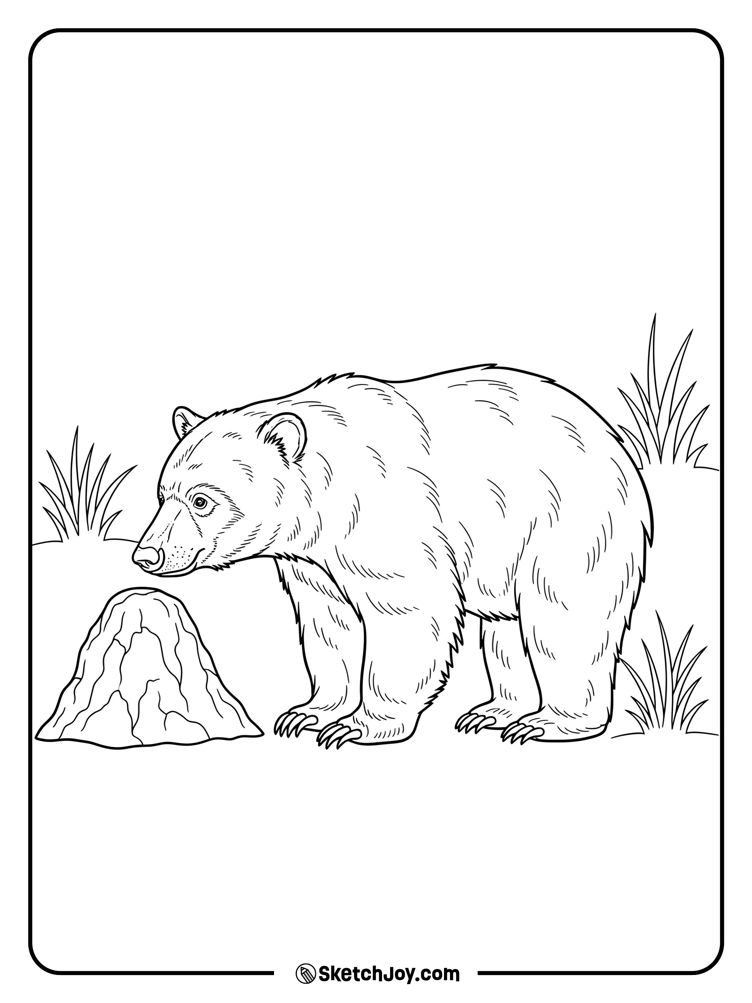A shaggy sloth bear noses a tall termite mound in open grass.