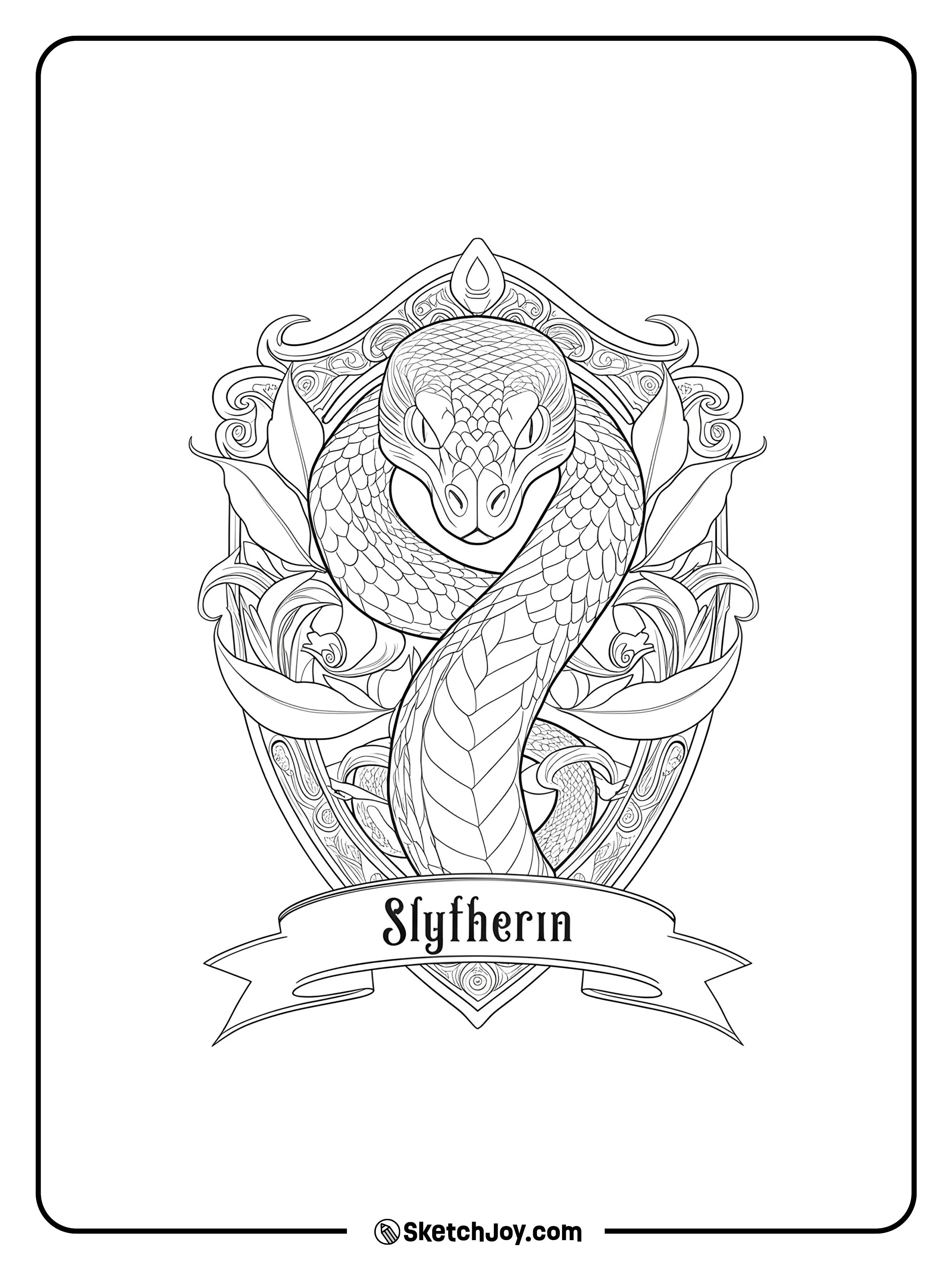 A coiled snake sits inside a simple shield with a ribbon below.