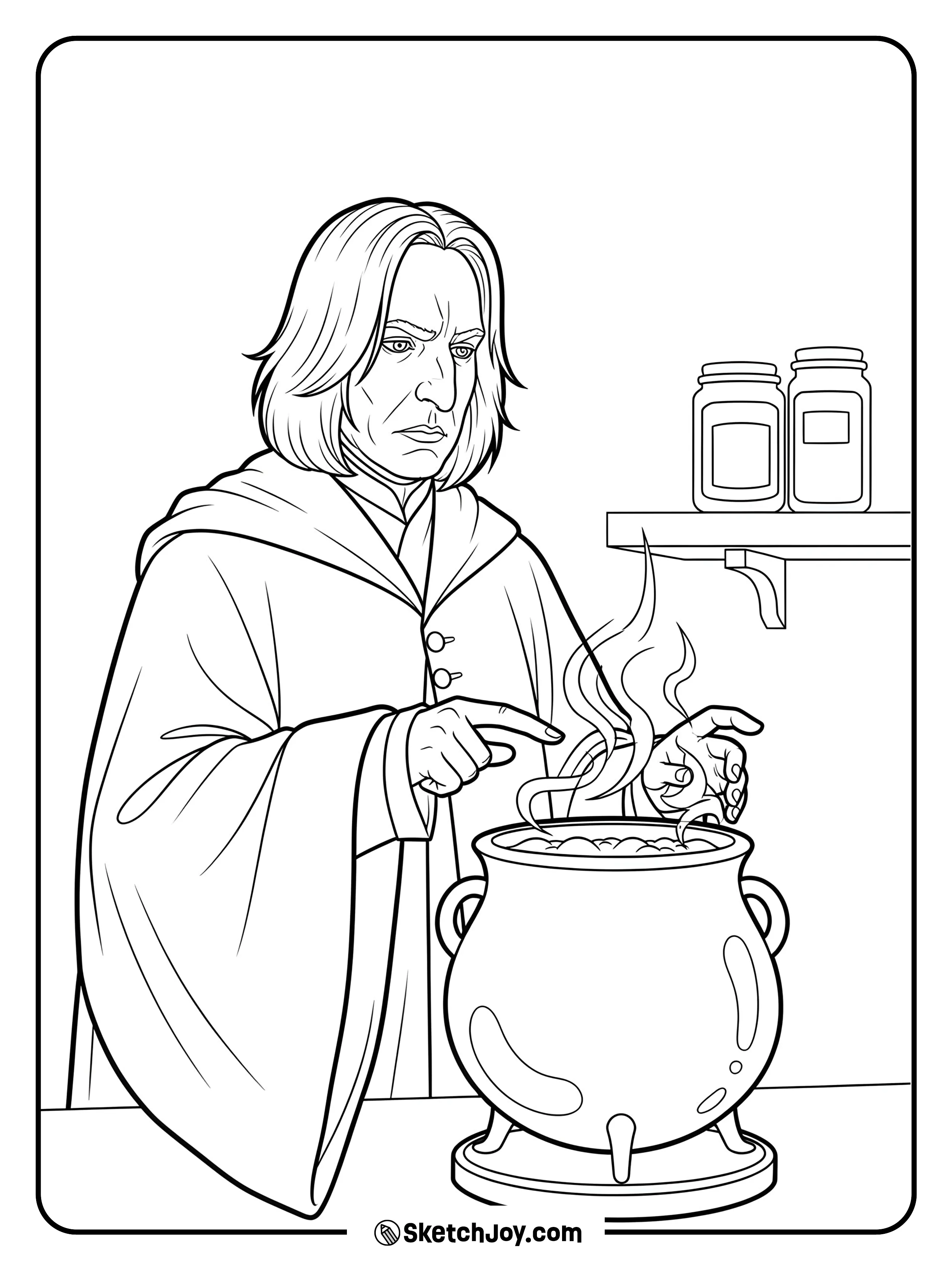 Snape stirs a pot and looks focused.