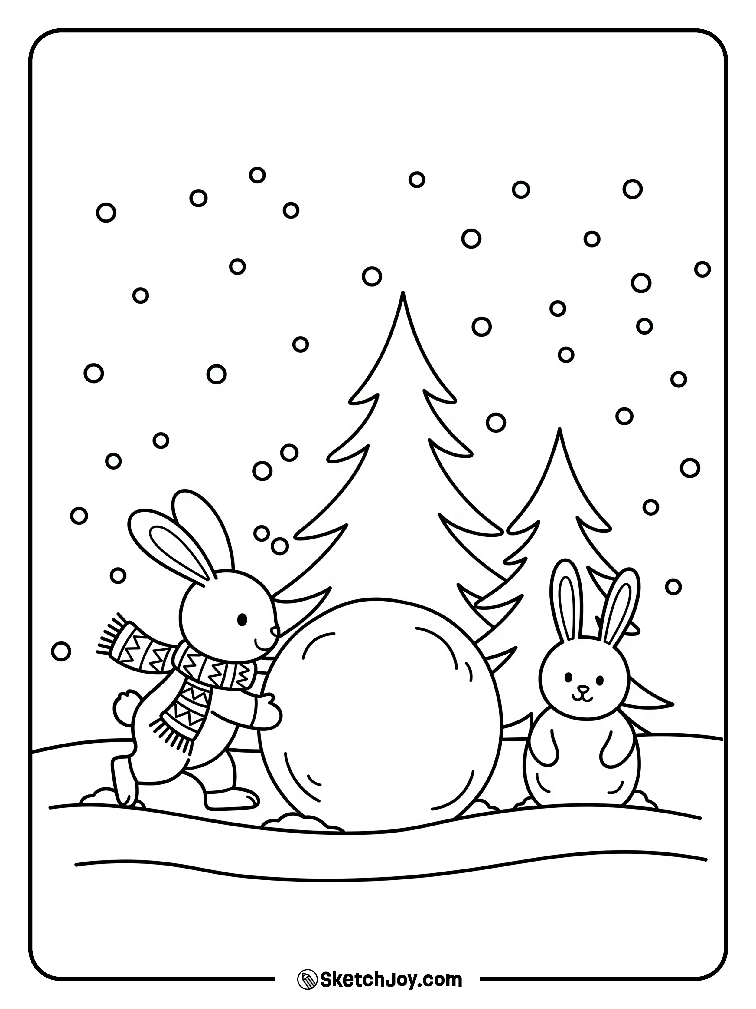 A winter bunny rolls a snowball to make a snow rabbit.
