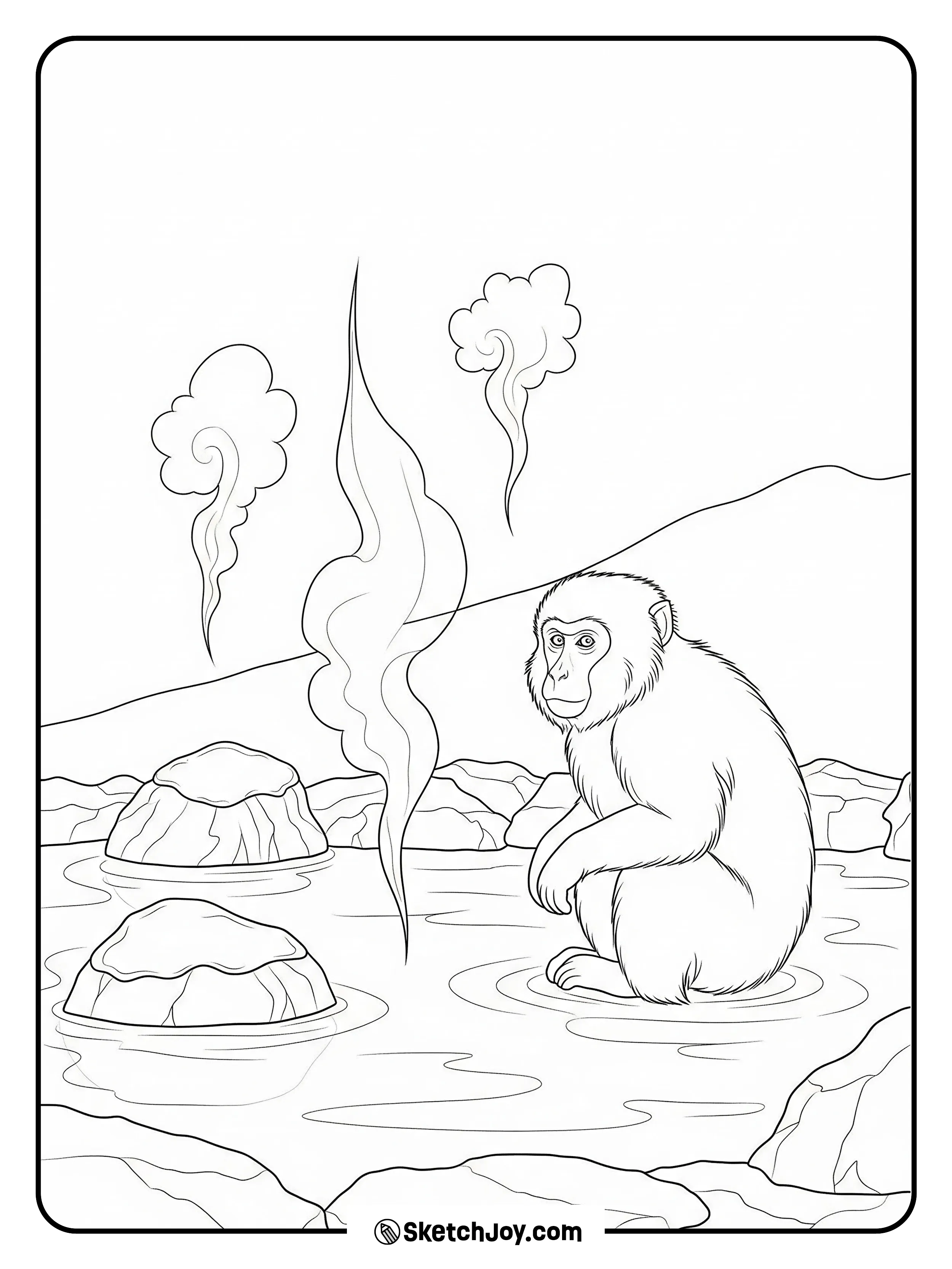 A macaque sits by a warm spring. Gentle steam curls rise, and snow sits on two rocks.