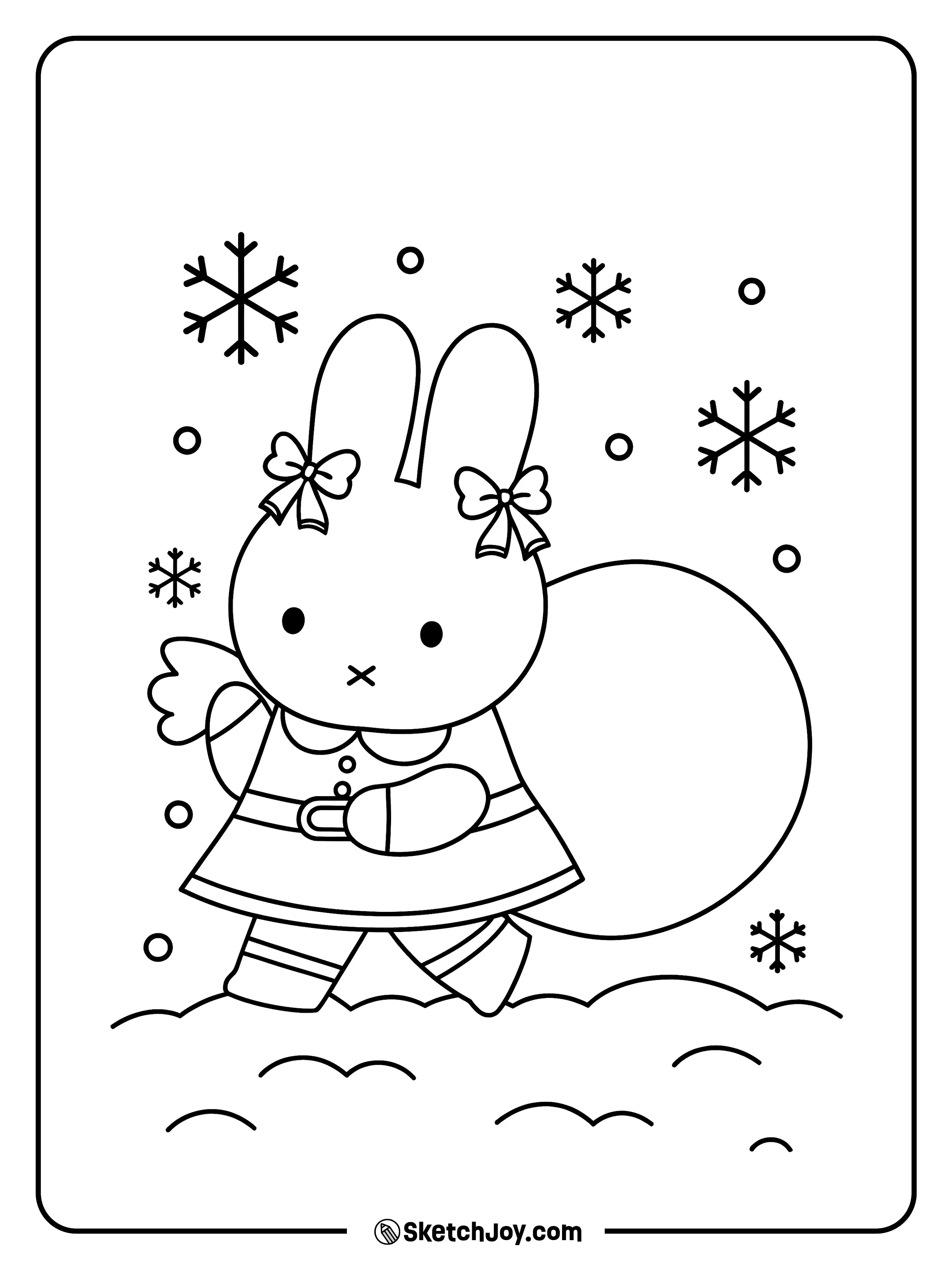 A small bunny (Miffy) in a plain dress walks on soft snow.