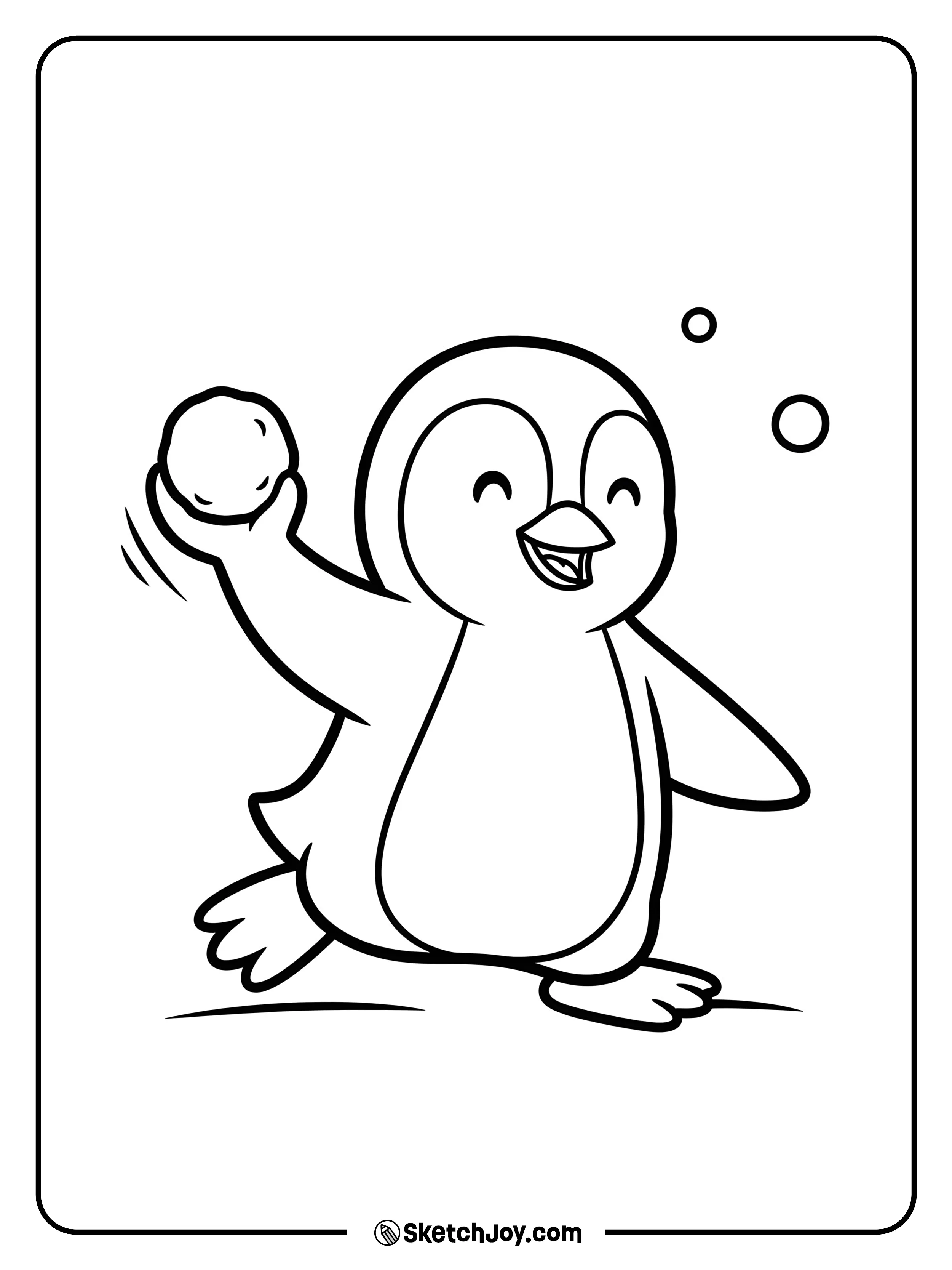 A penguin gently tosses a small snowball.