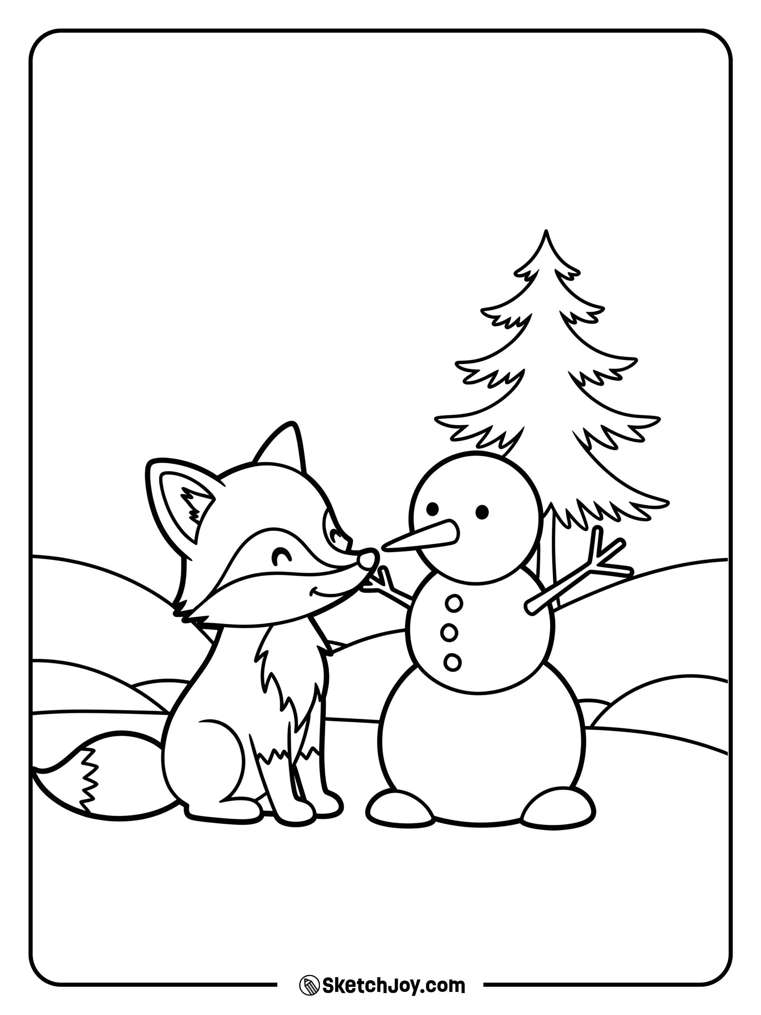 A fox pats a snowman with a scarf beneath a single pine.