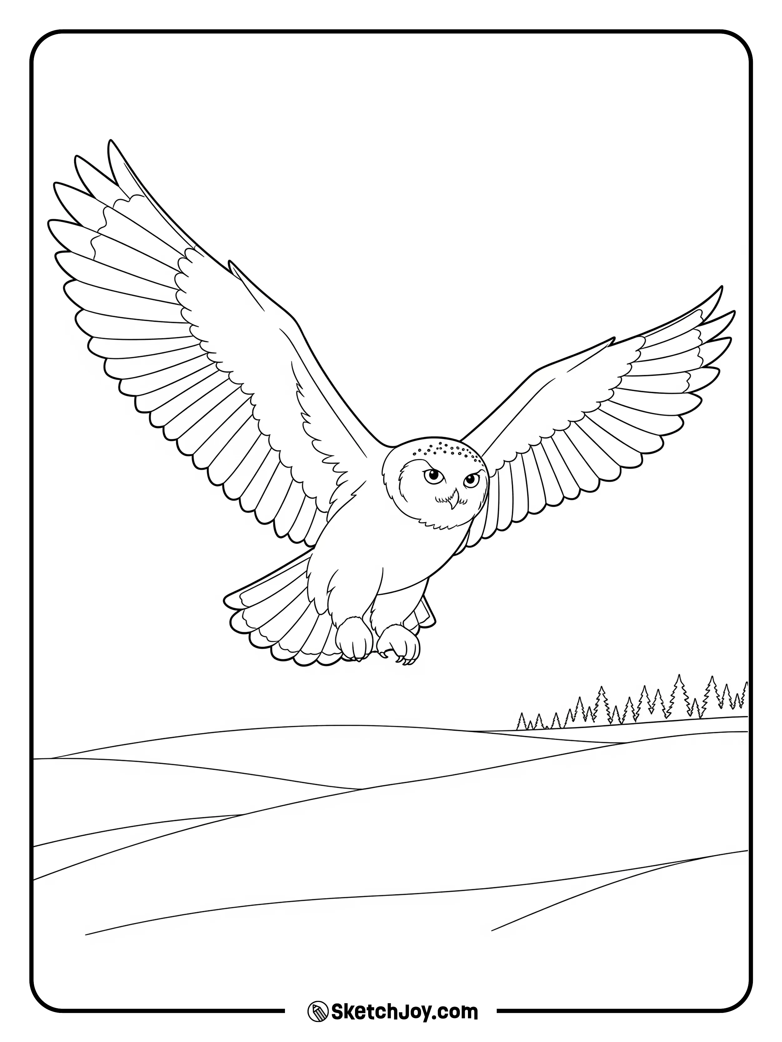 A white owl glides over soft snow.