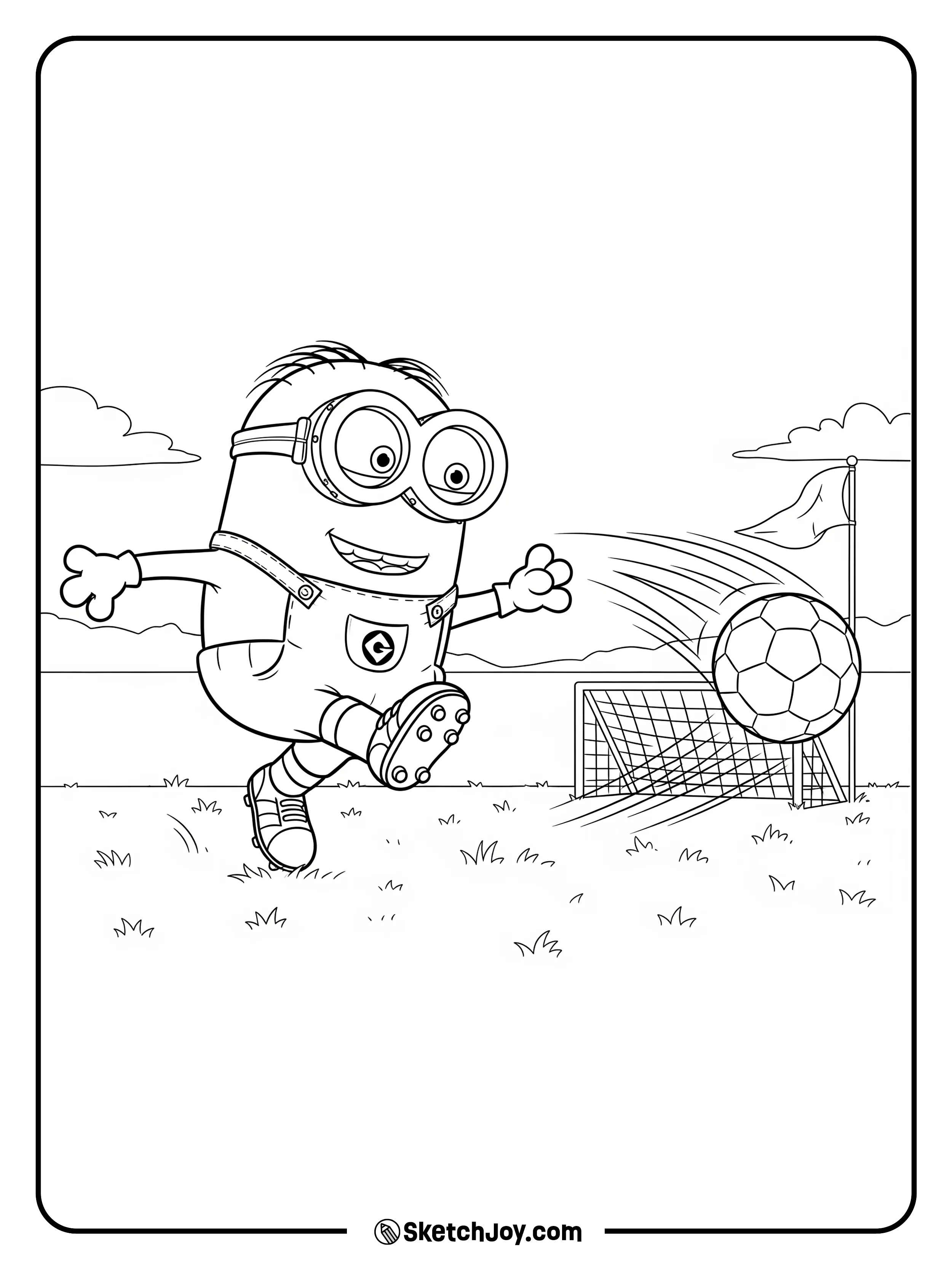 Stuart kicks a ball toward a small goal.