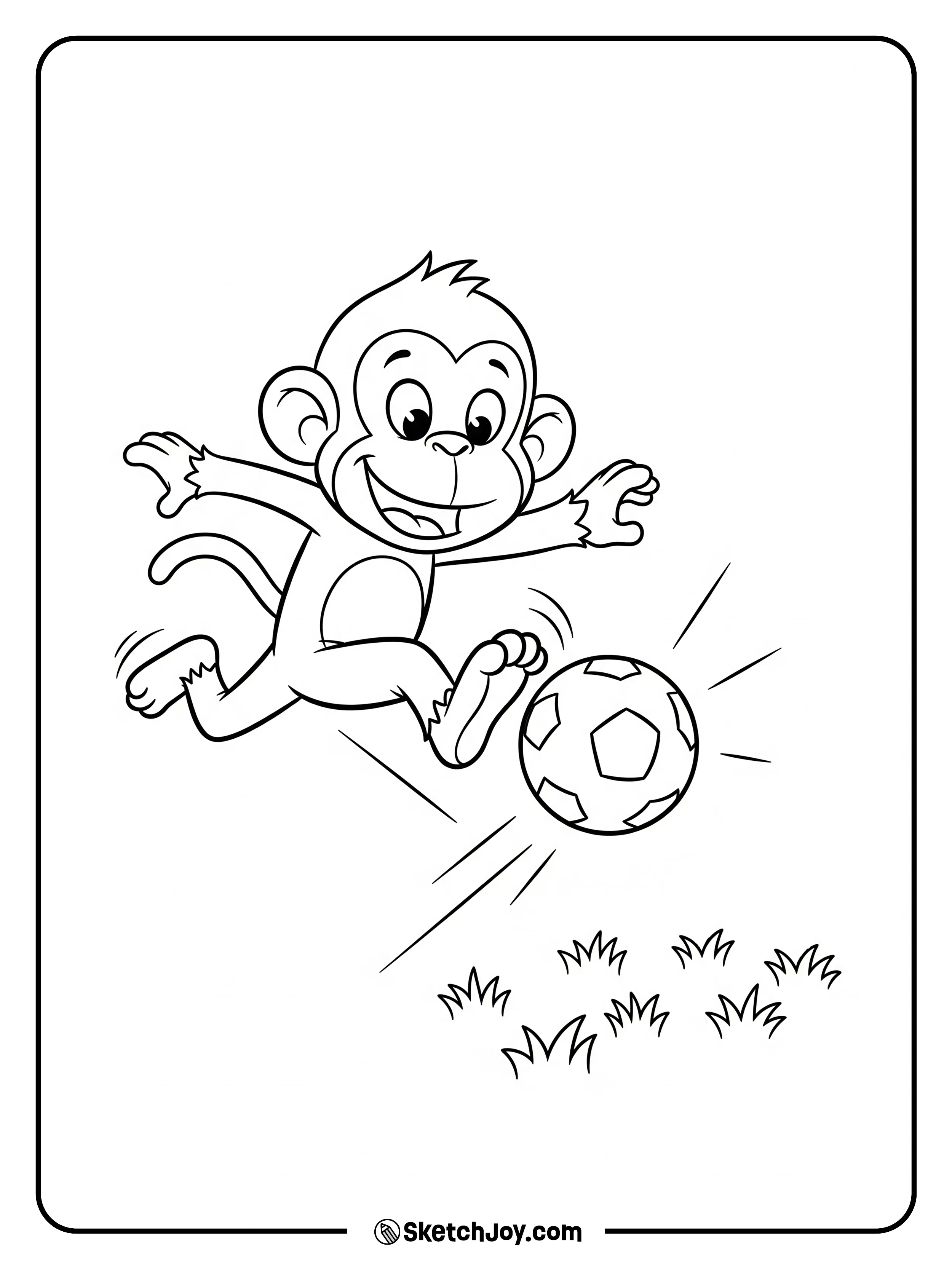 A monkey kicks a ball on short grass.