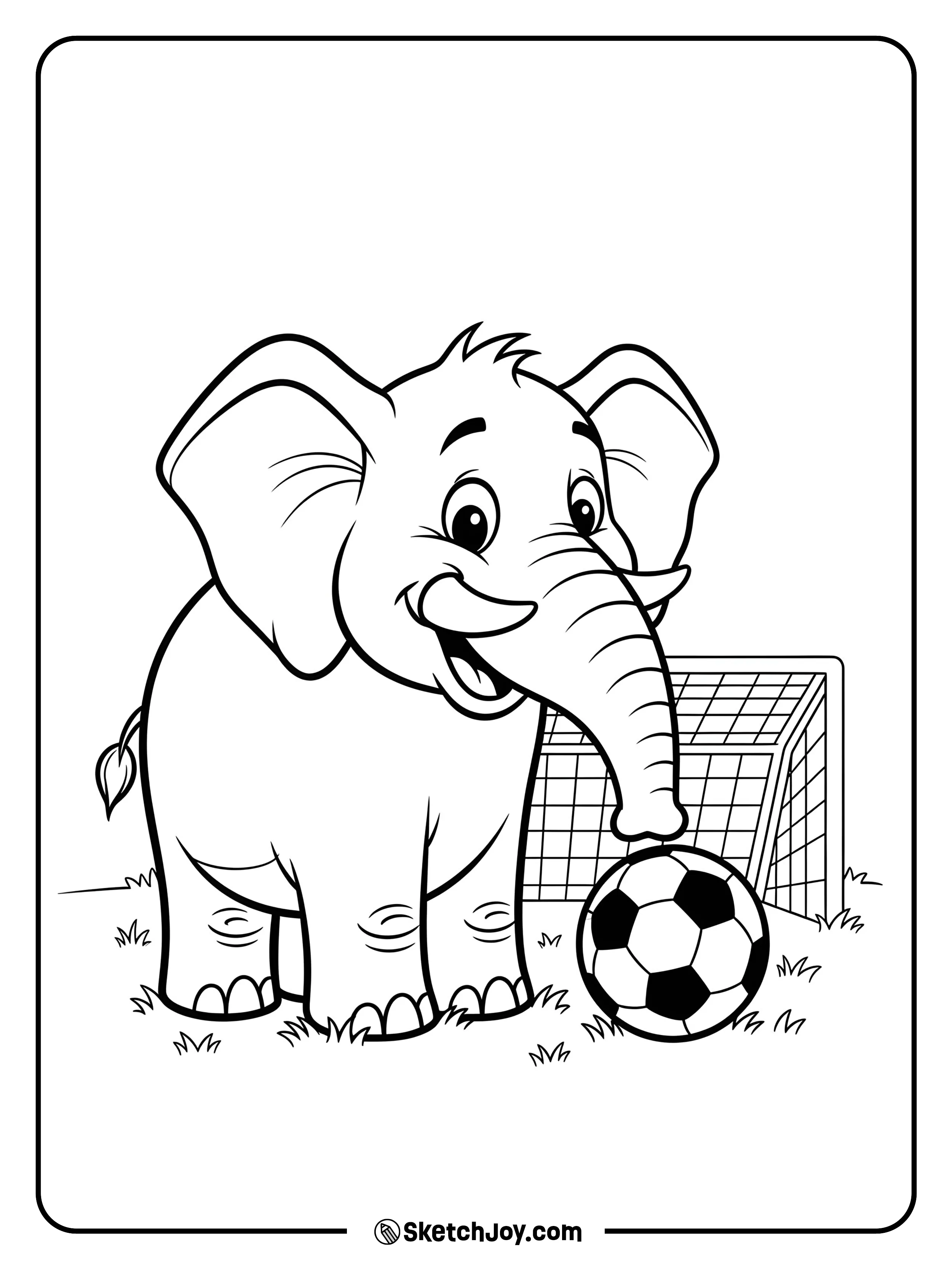A cheerful elephant taps a soccer ball with its trunk.