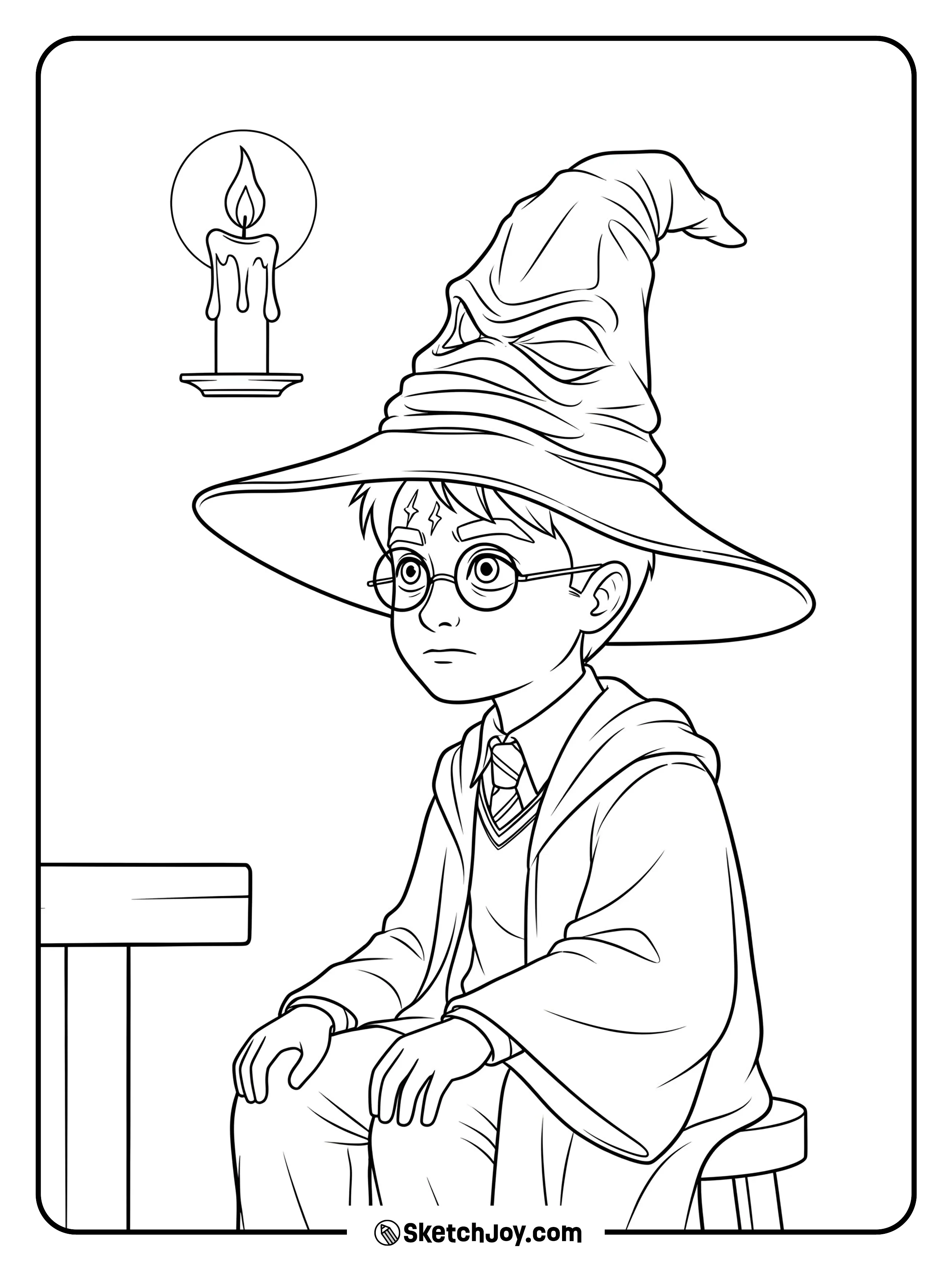 Harry sits still as the hat rests on his head.