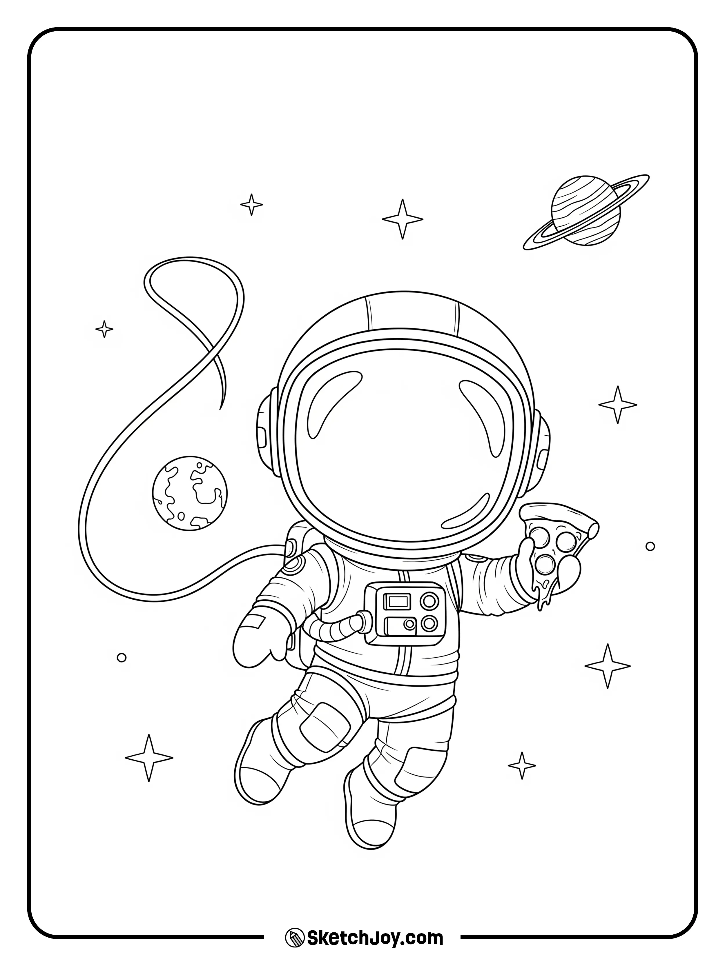 A small astronaut floats and eats a slice.