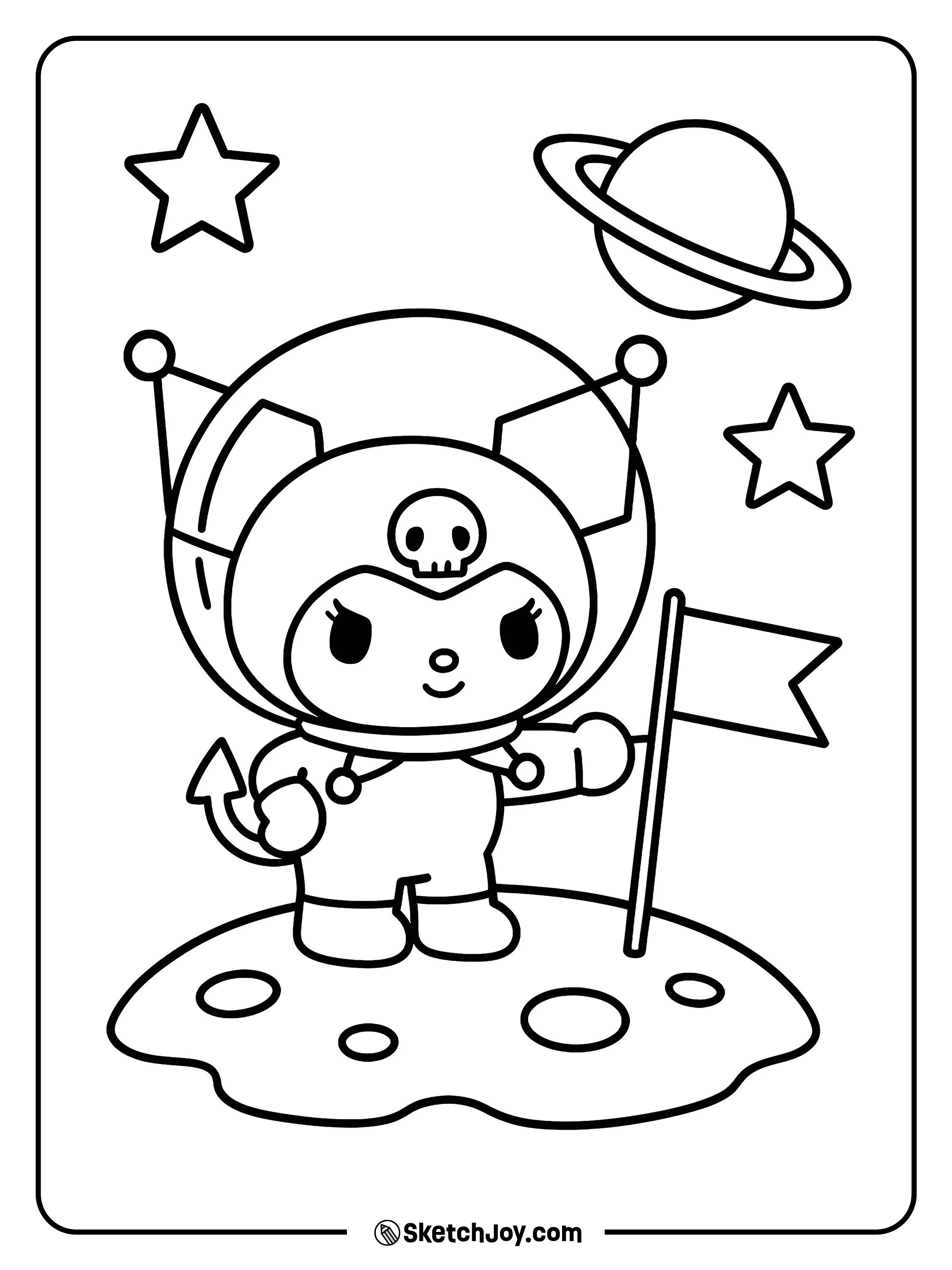 Kuromi bounces on a cratered moon with a flag.
