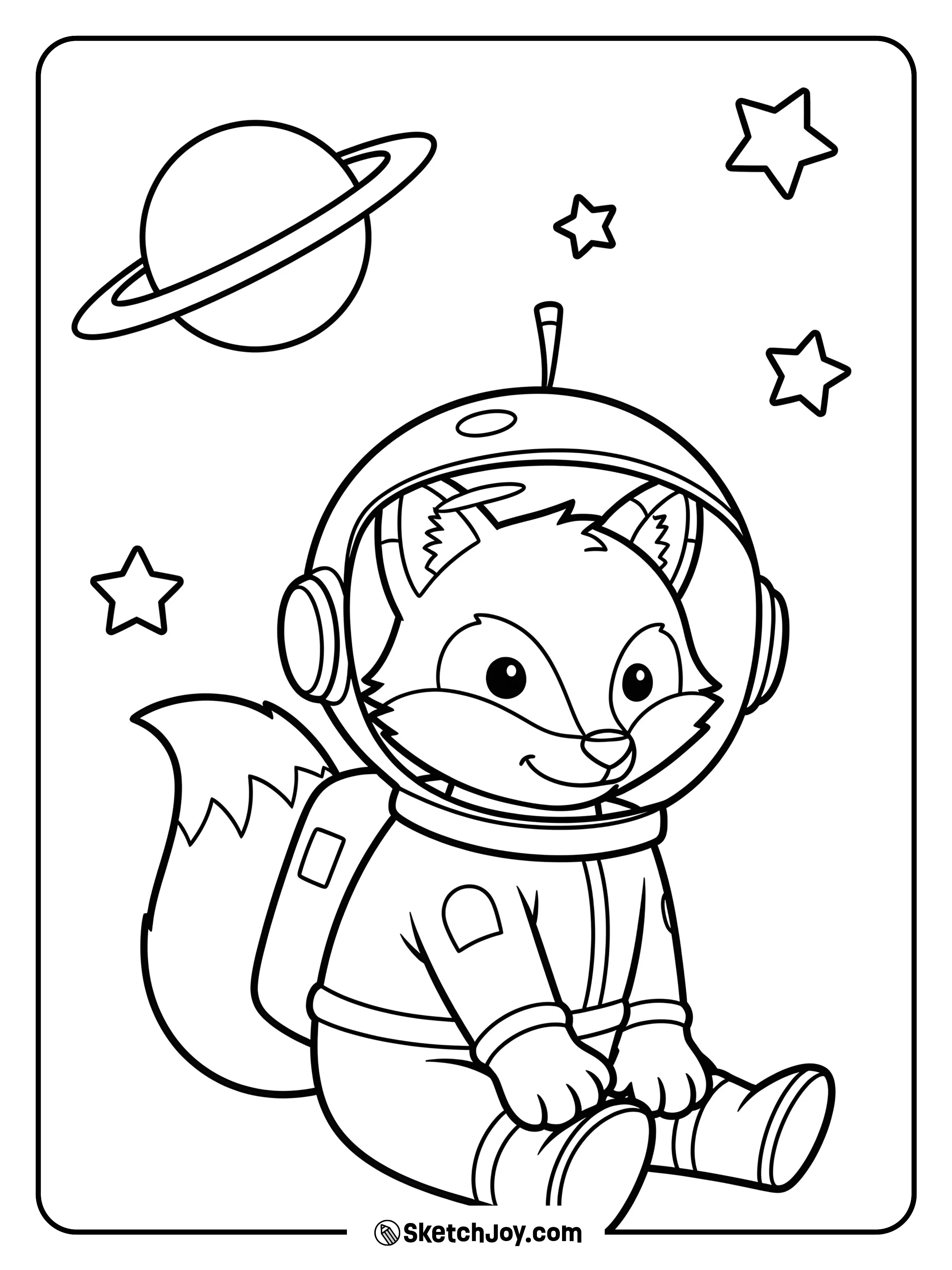 A fox in a simple round helmet floats with one planet and a ring.