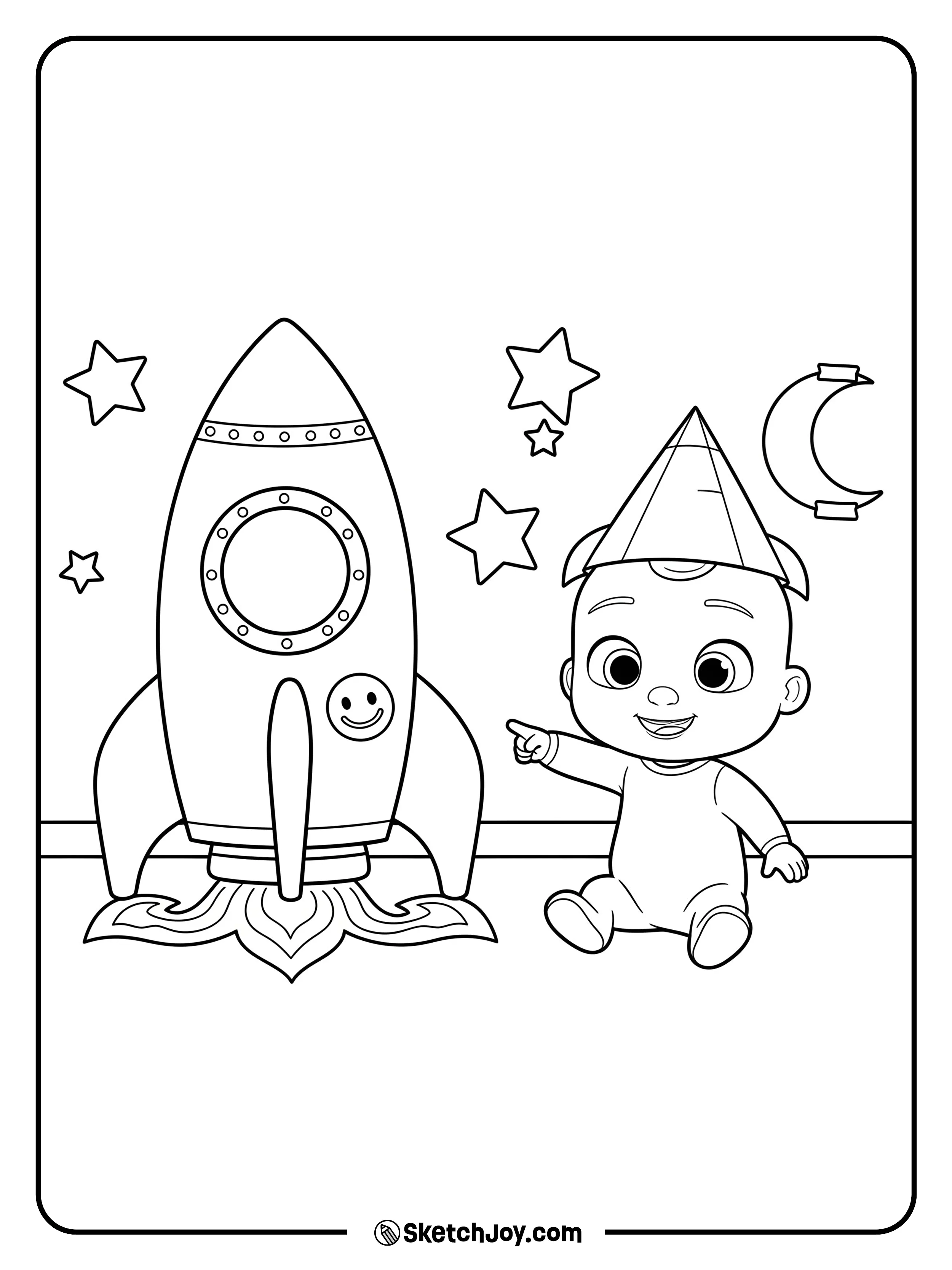 JJ wears a paper rocket hat and points to stars taped on the wall.