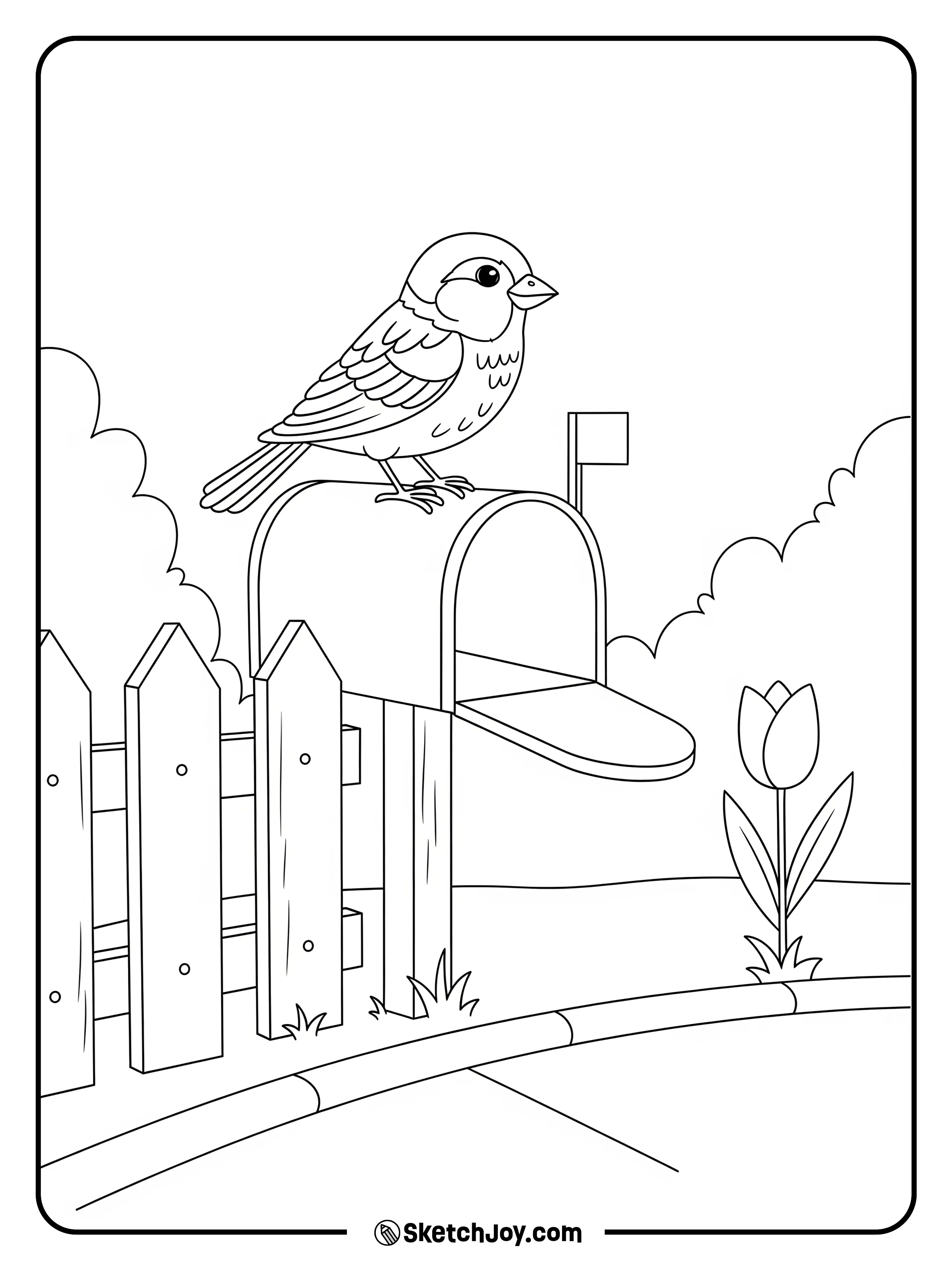 A small sparrow sits on a town mailbox.