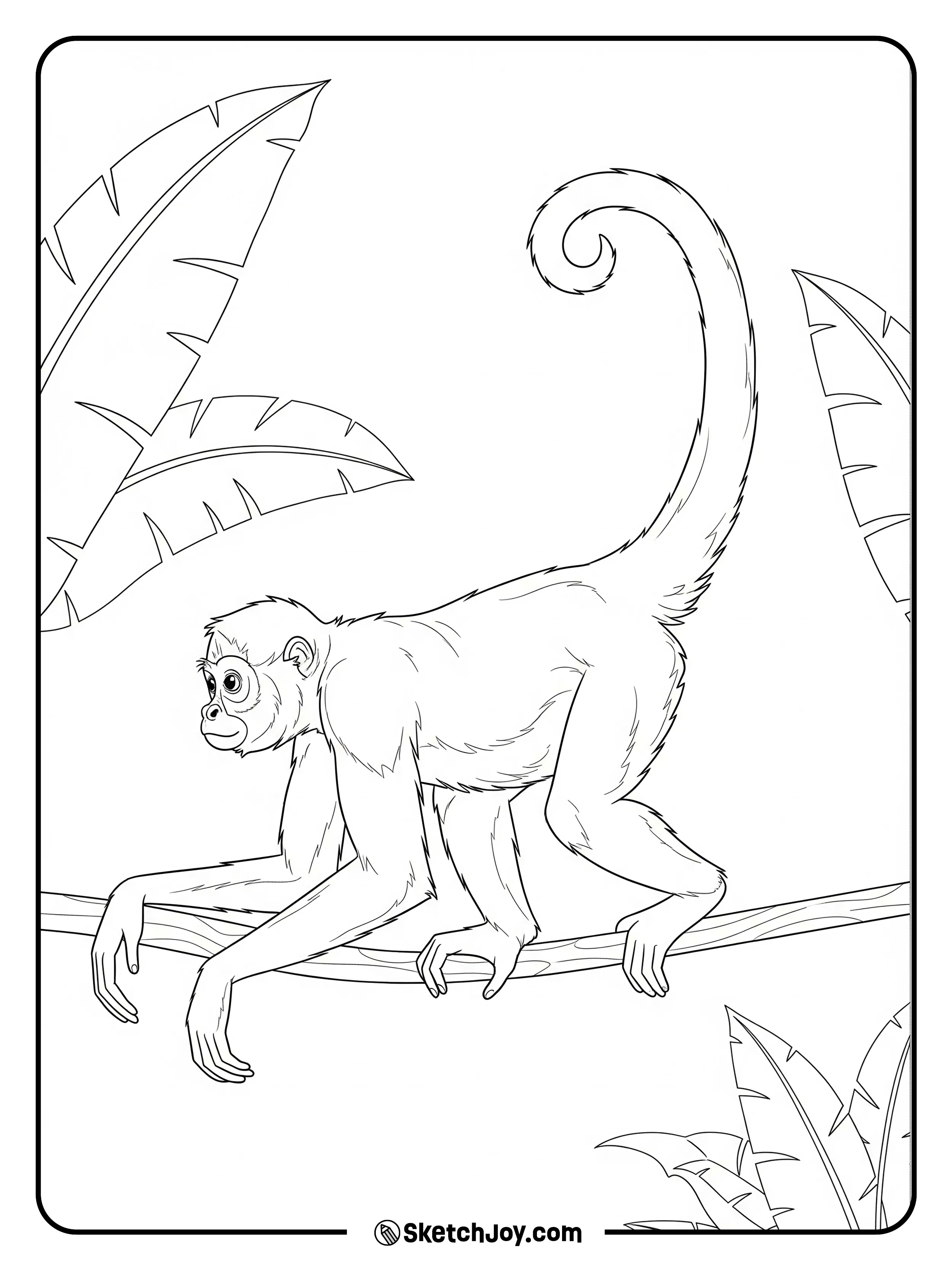 A slim spider monkey curls its tail around a branch.