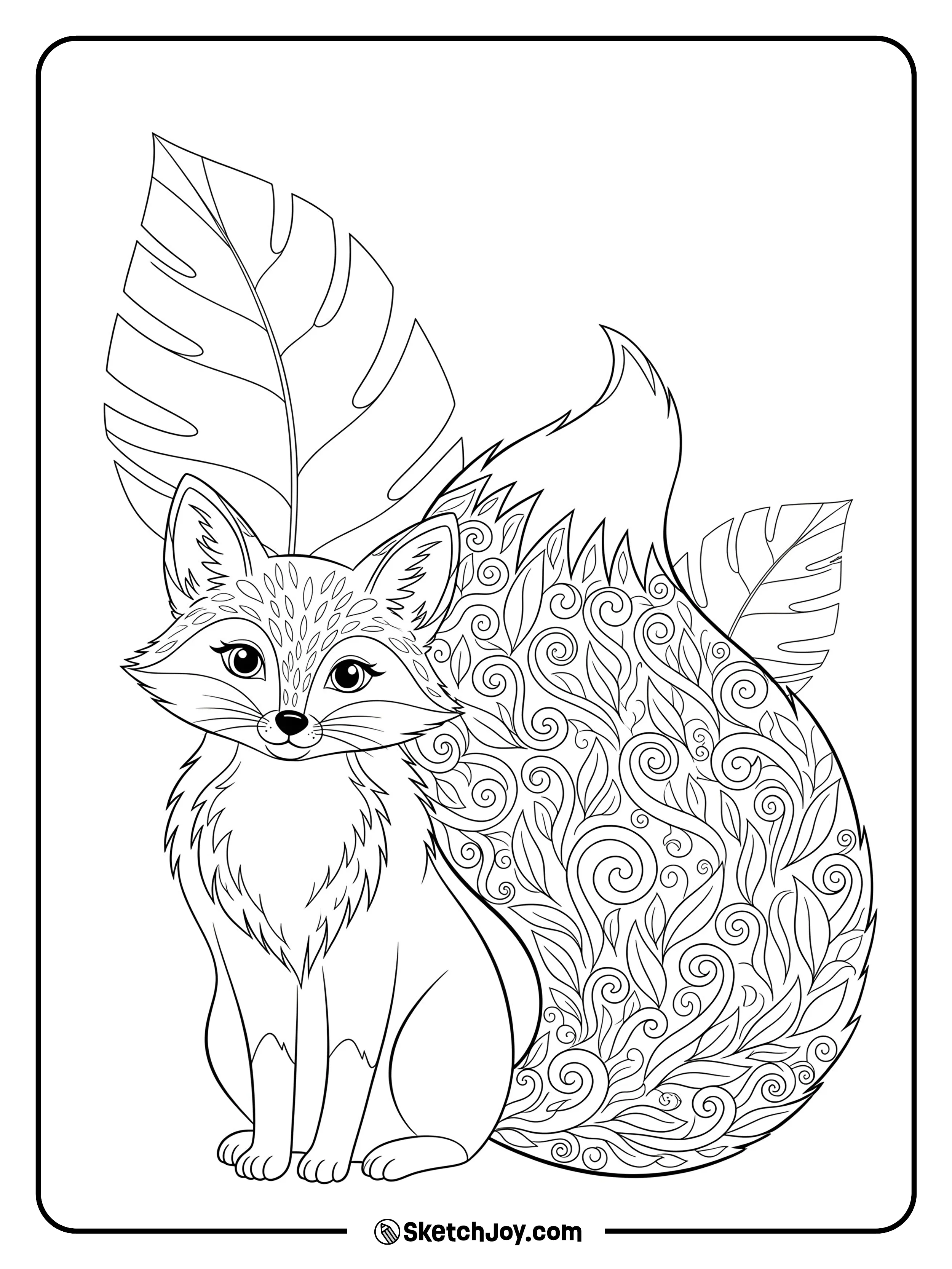 A fox sits with a large tail filled with gentle swirl patterns.