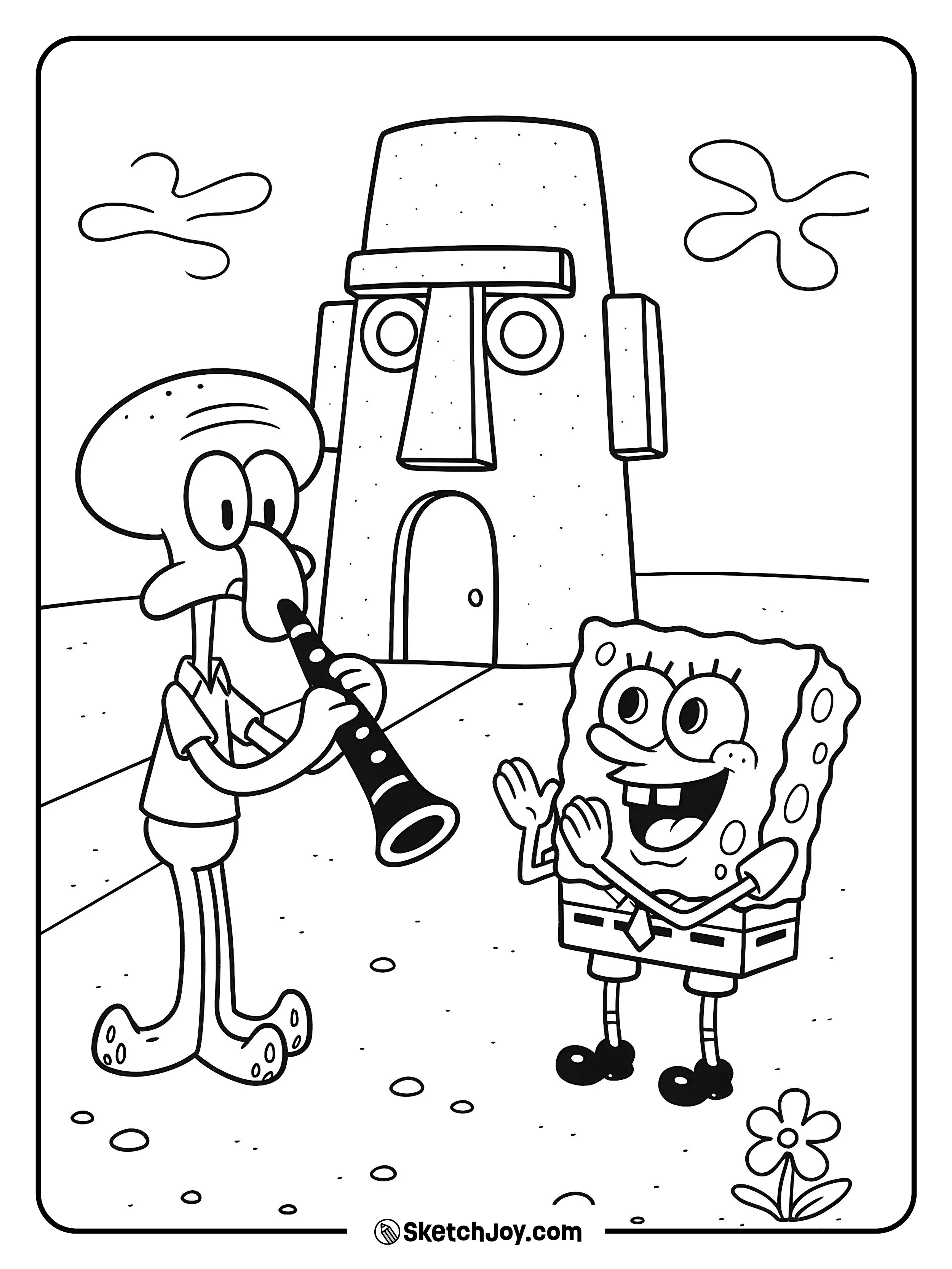Squidward plays his clarinet near his tall stone house while SpongeBob listens with a smile.