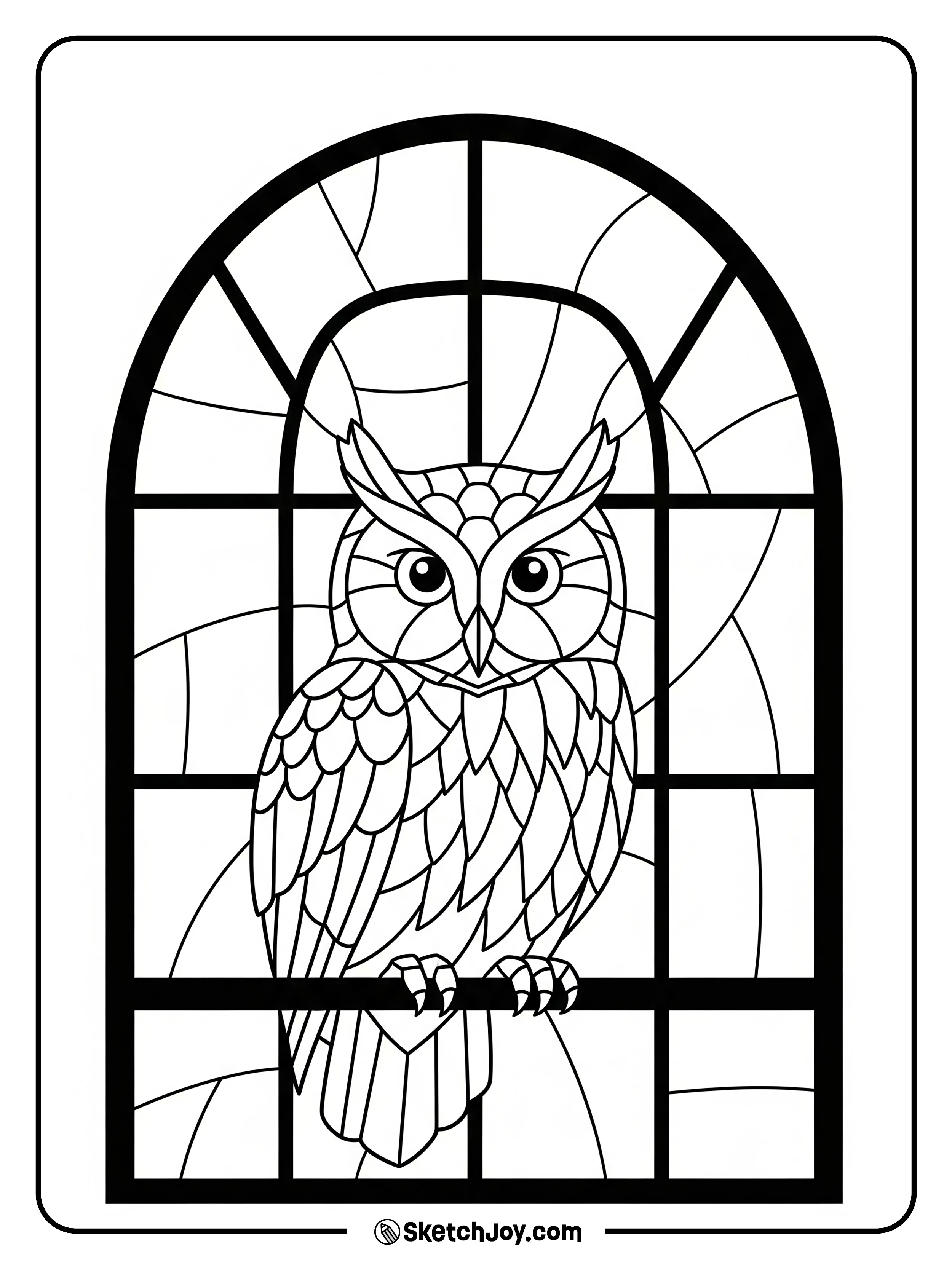 An owl sits in a window frame made of bold lead lines.