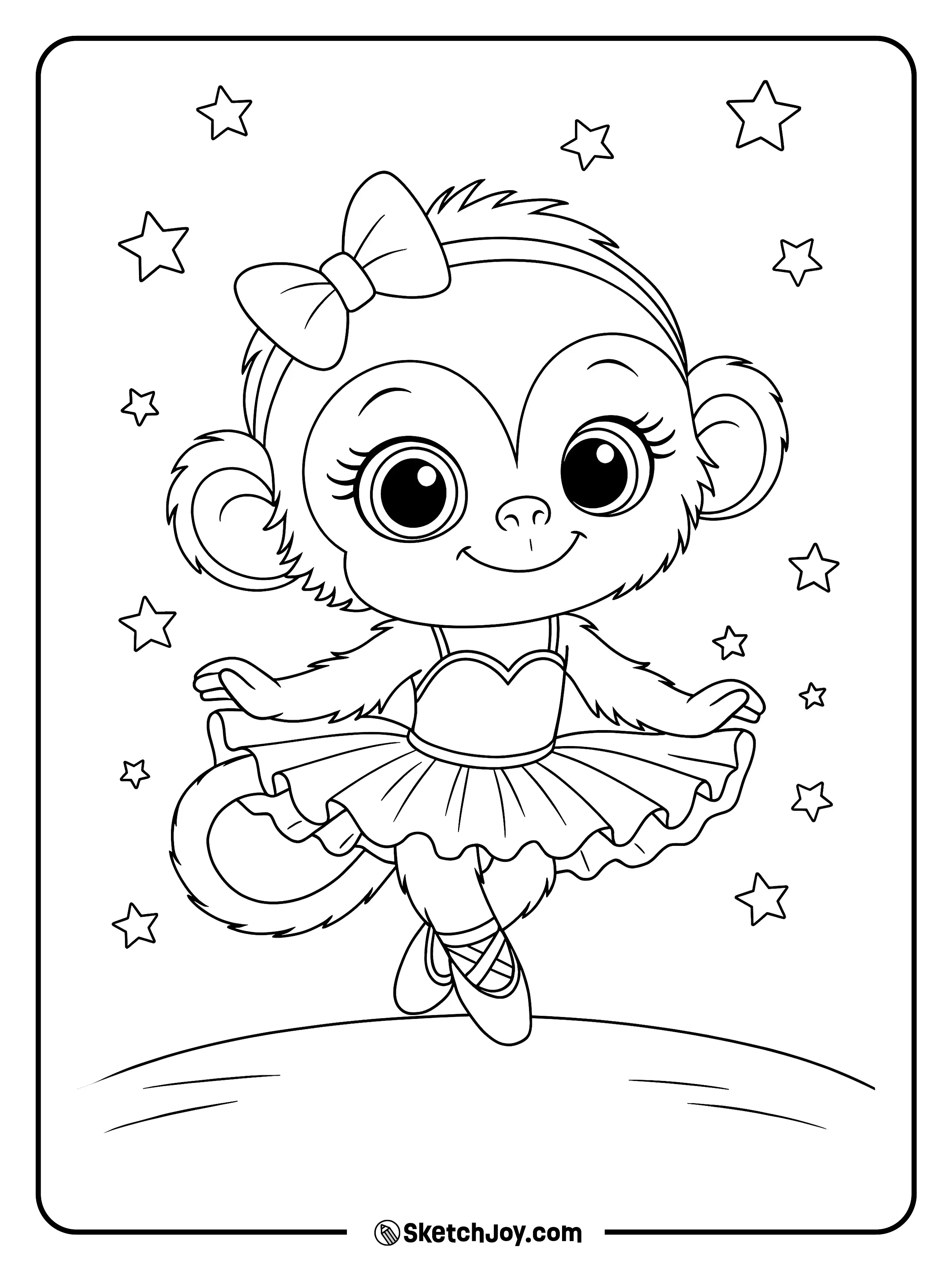 A cute monkey dancer stands on tiptoe in a tutu with a bow on her head.