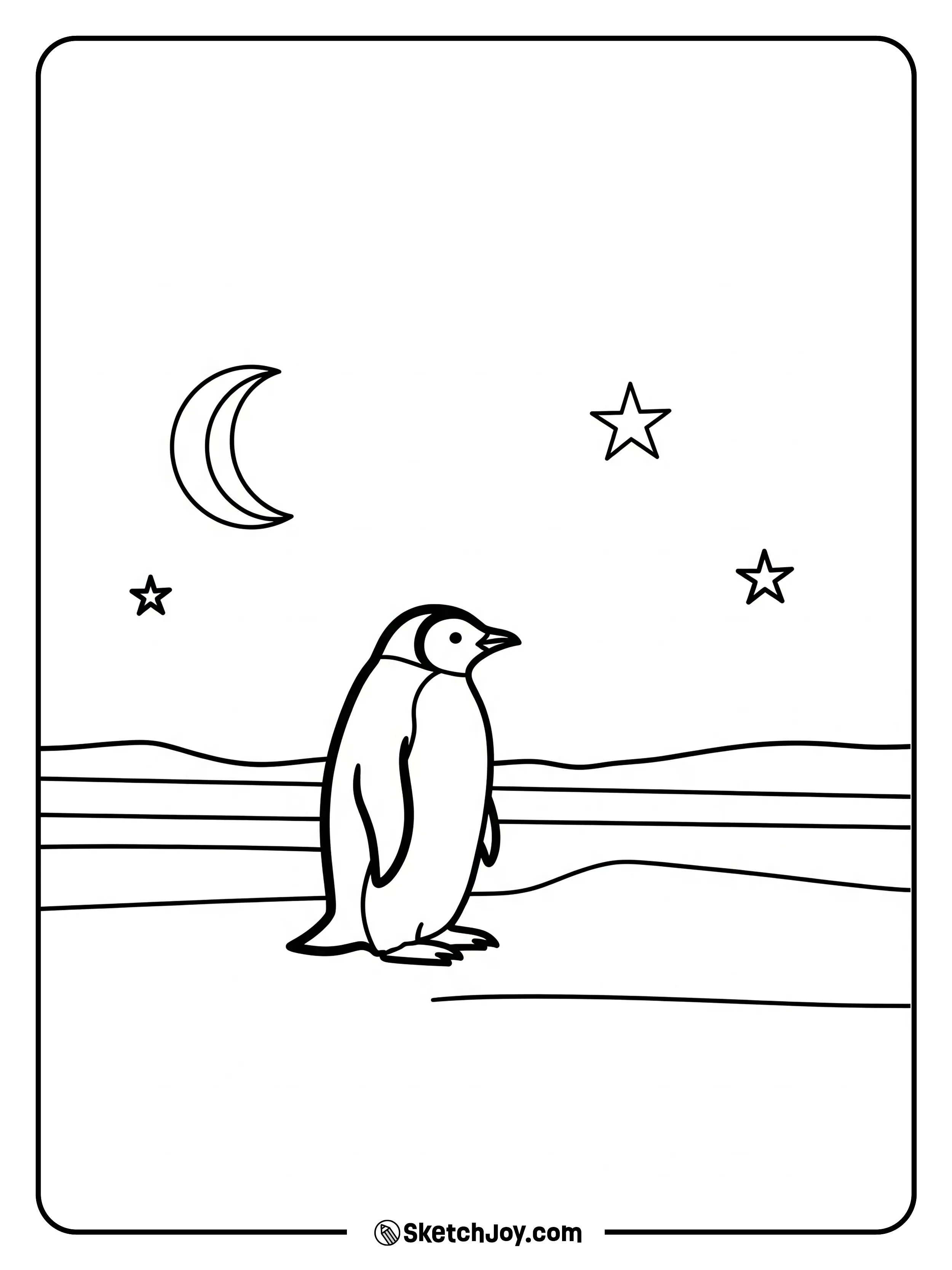 A penguin looks at a crescent moon and two stars.