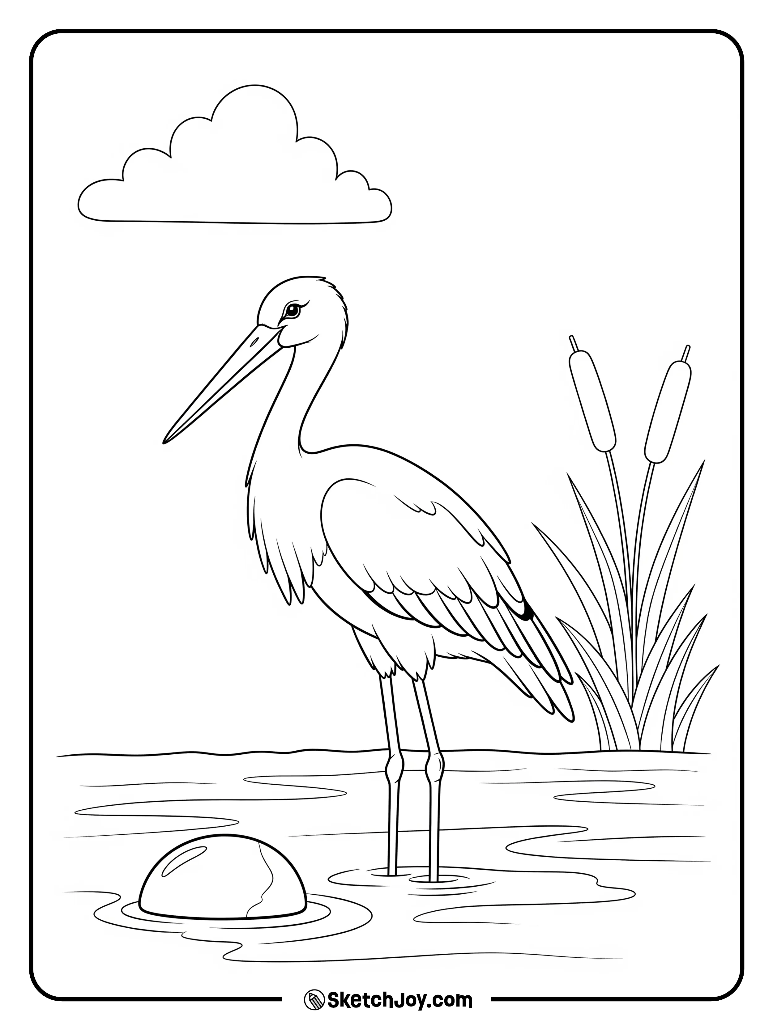 A tall stork stands near slow water.