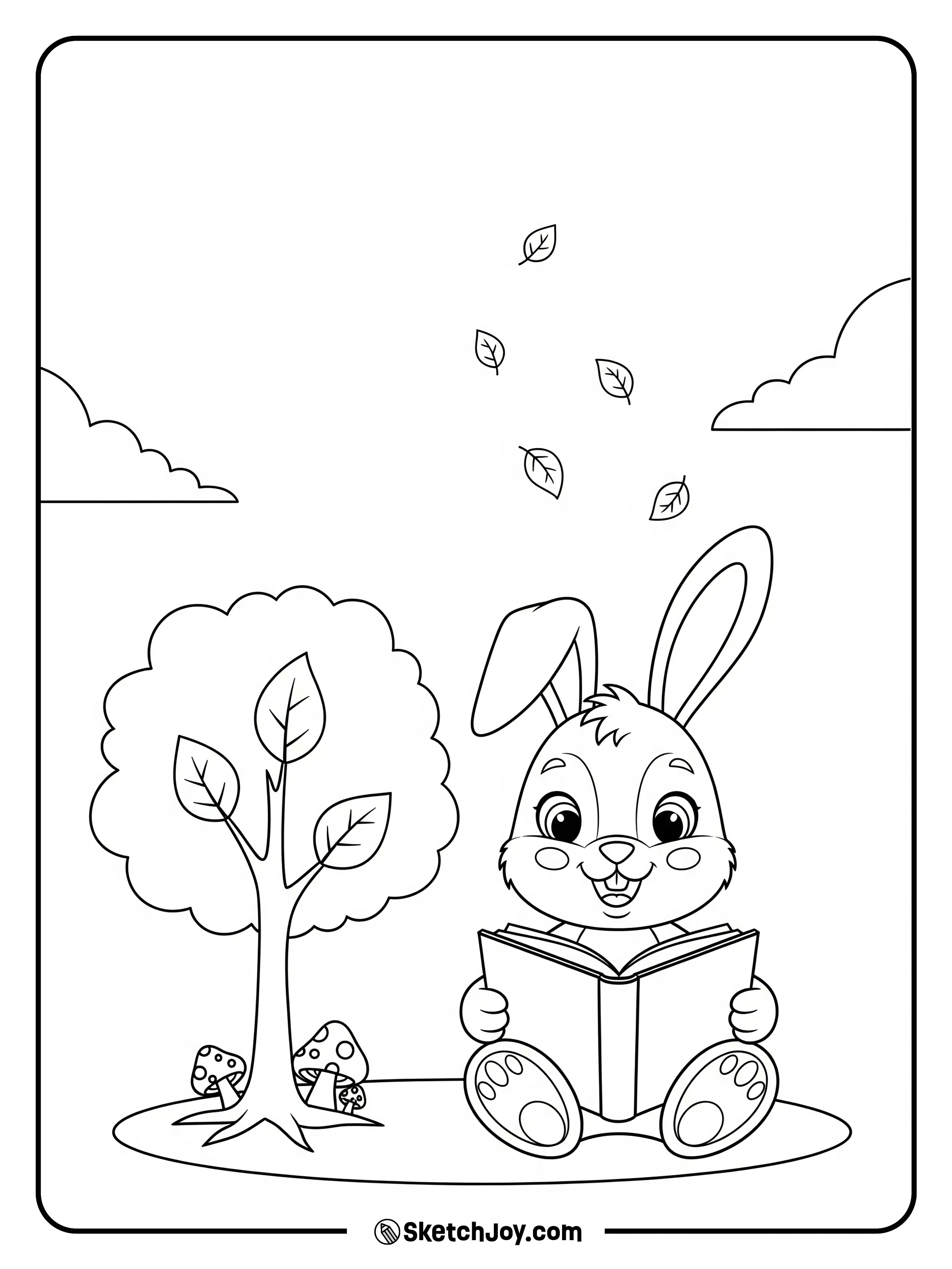 A calm bunny reads a book under shade.