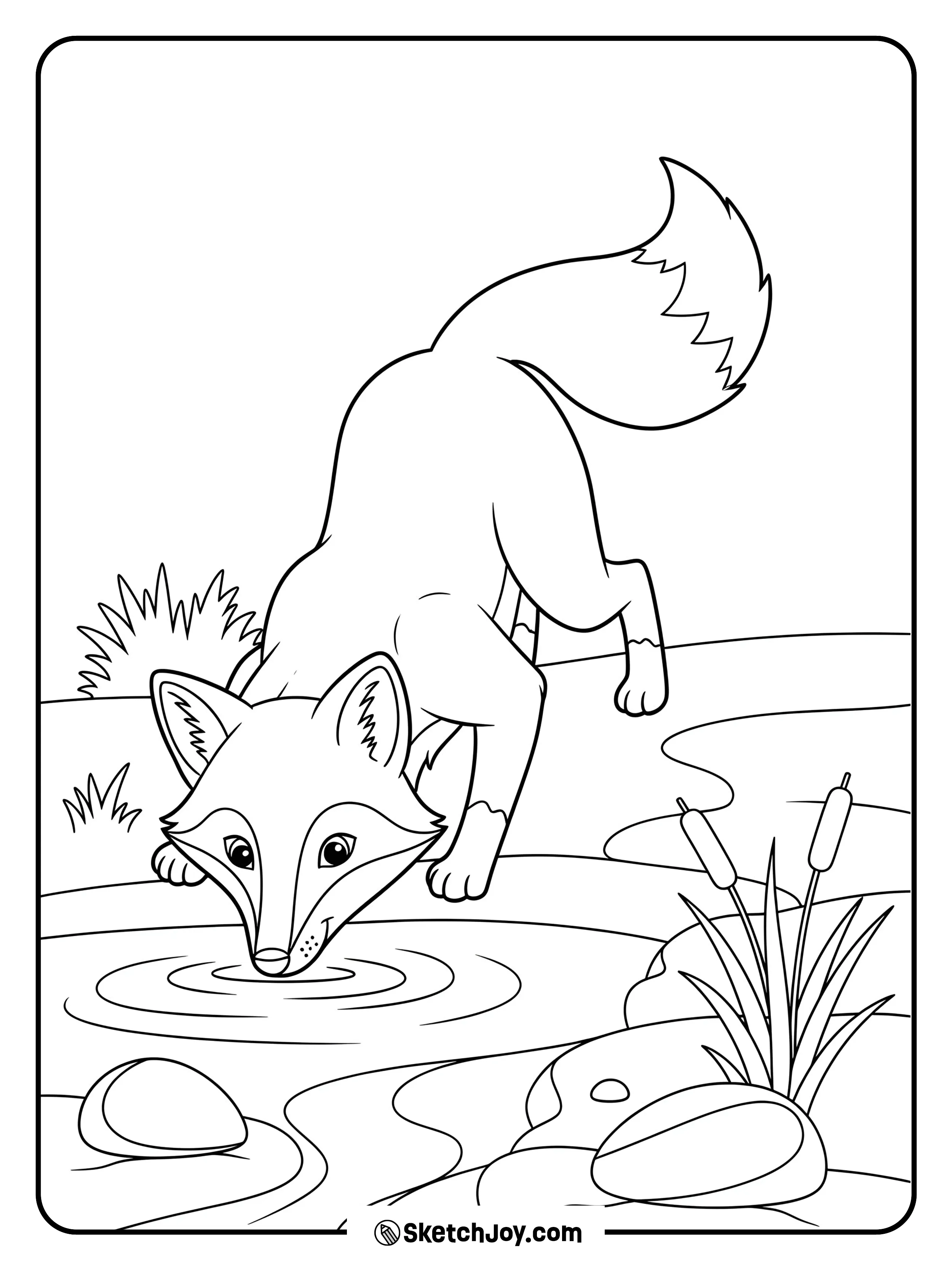 A fox peers into a shallow forest stream