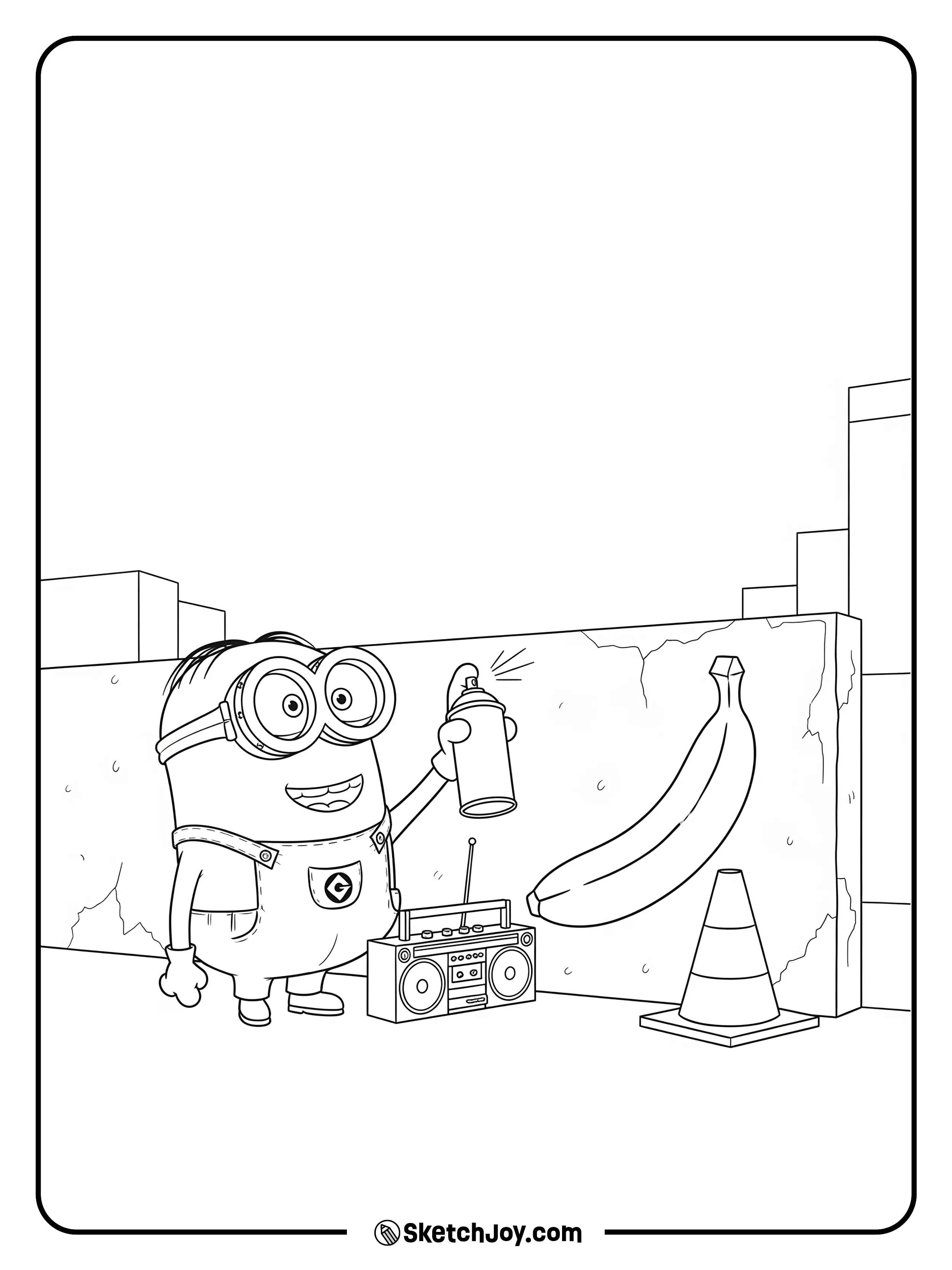 Stuart sprays a banana outline on a low wall.