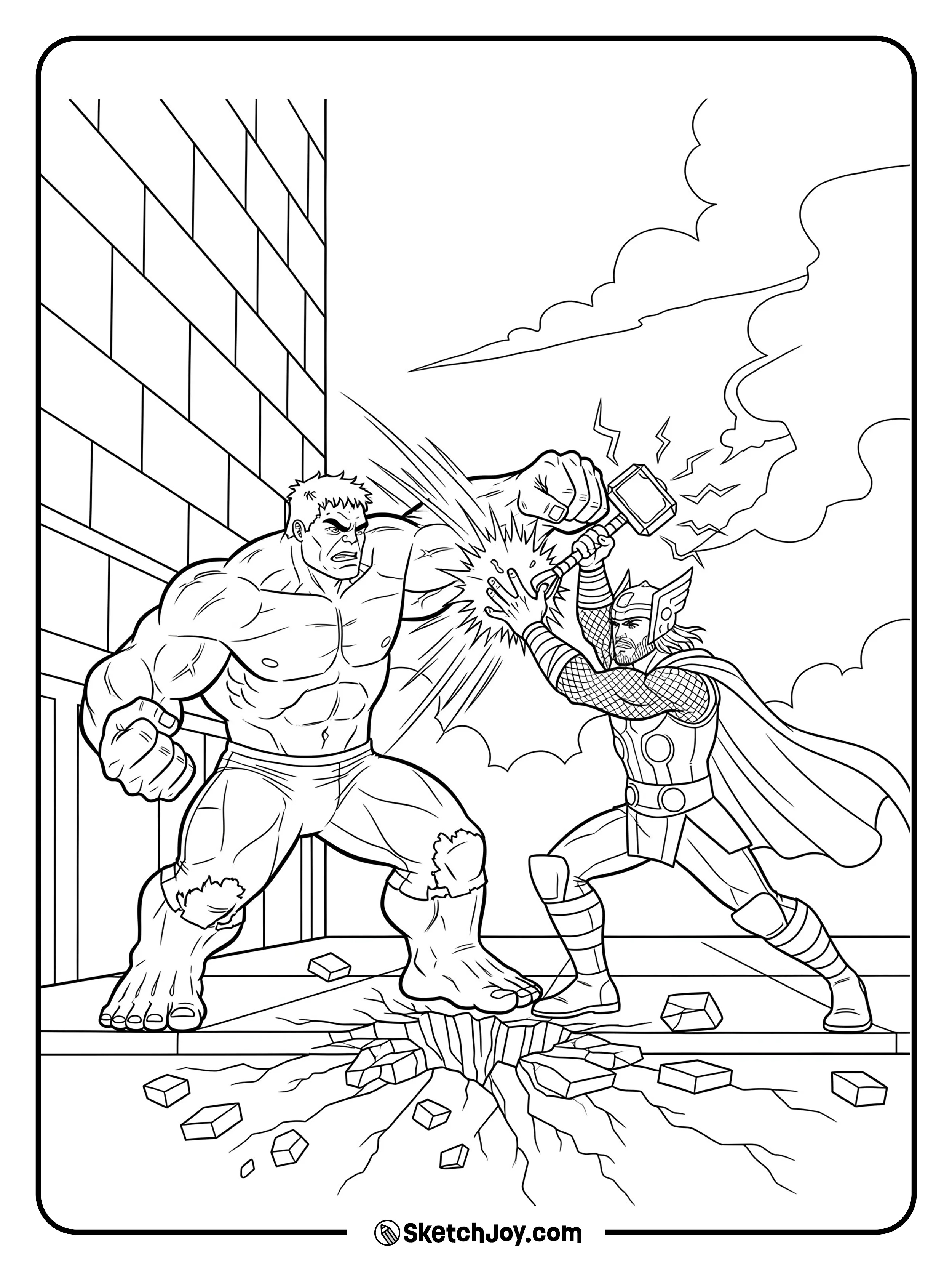 Hulk fights Thor on a broken street.
