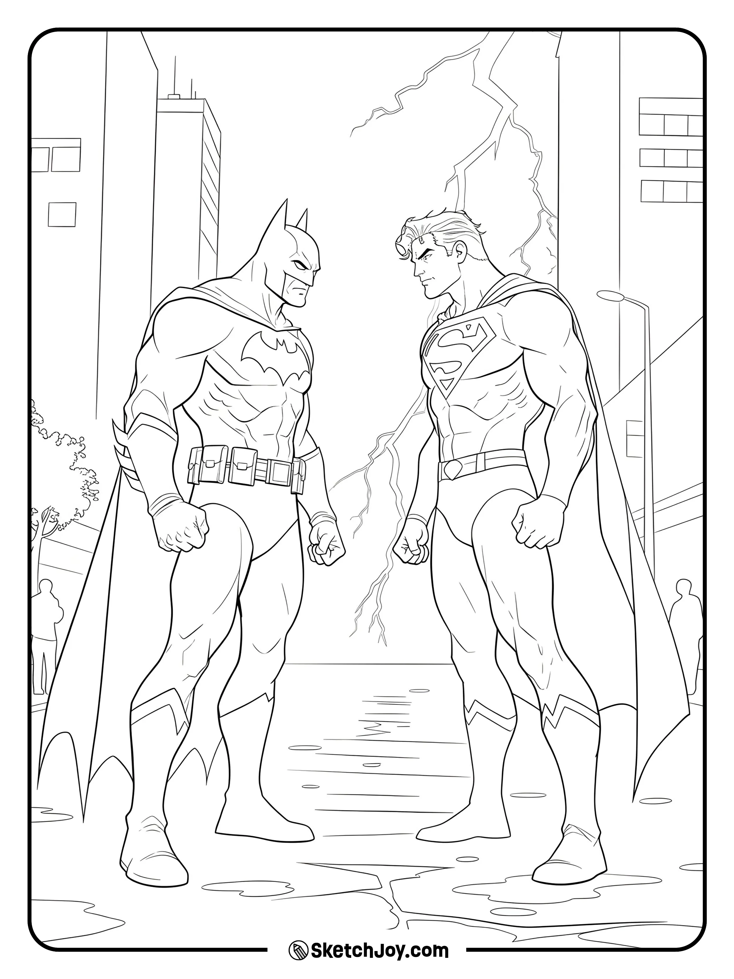 Batman and Superman face each other on a wet city street