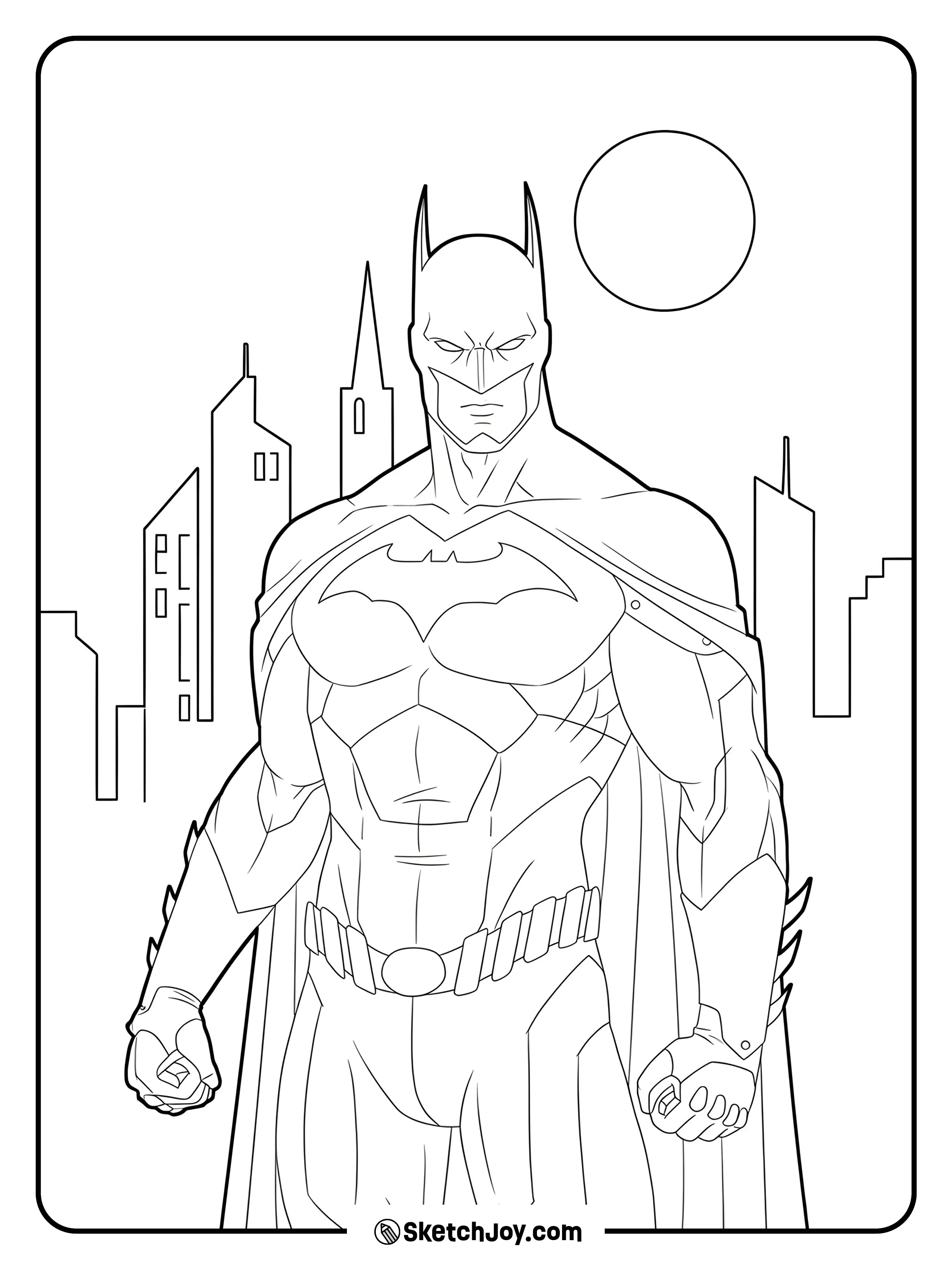 Batman faces forward with fists ready, city and moon behind.