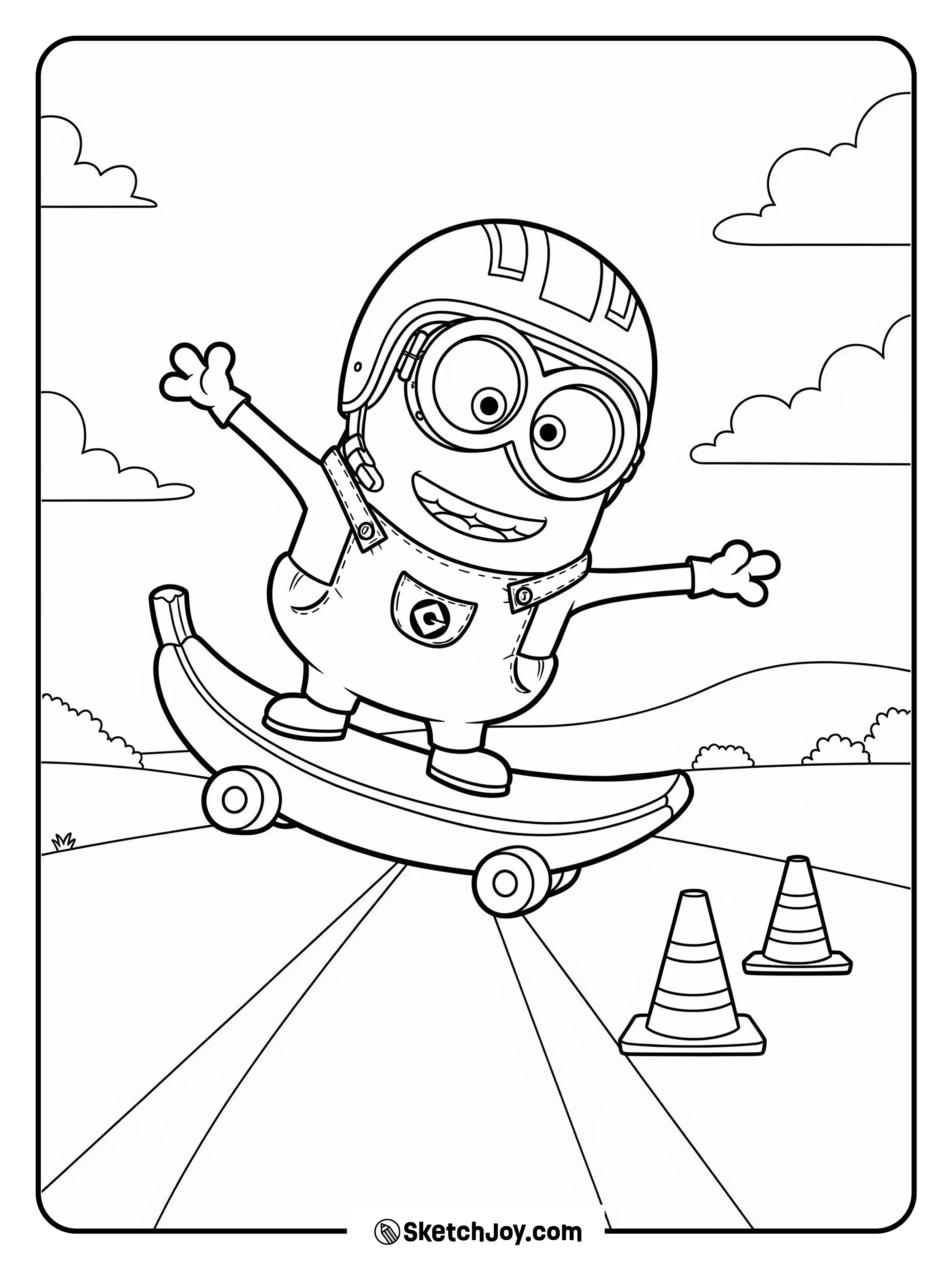 Stuart rides a skateboard shaped like a banana on a flat path with two road cones.