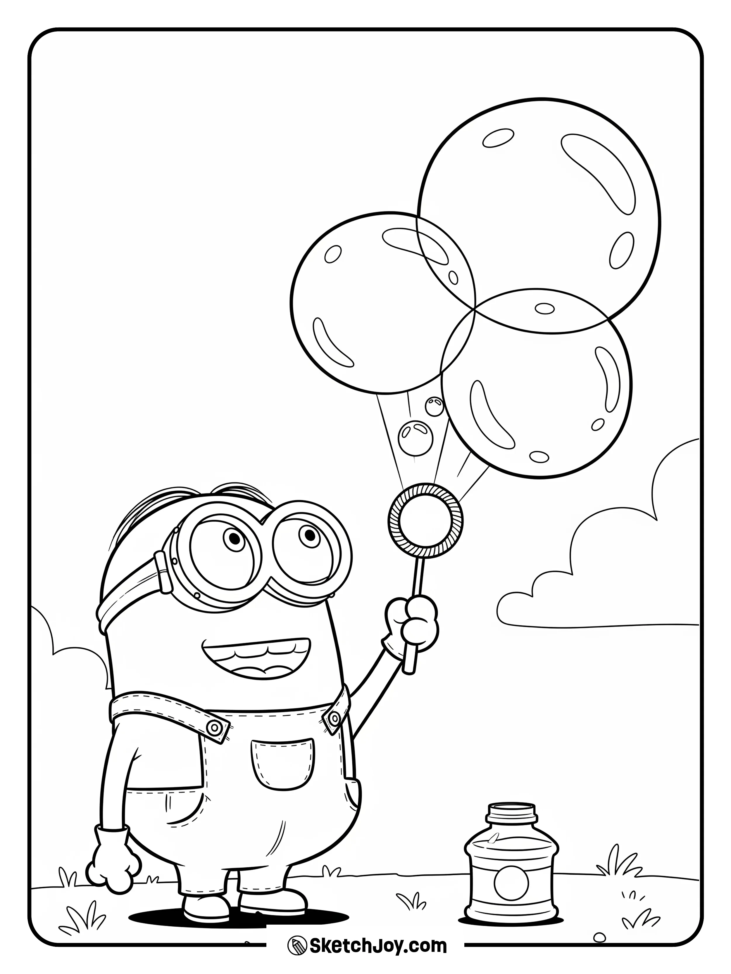 Stuart blows bubbles with a small wand.