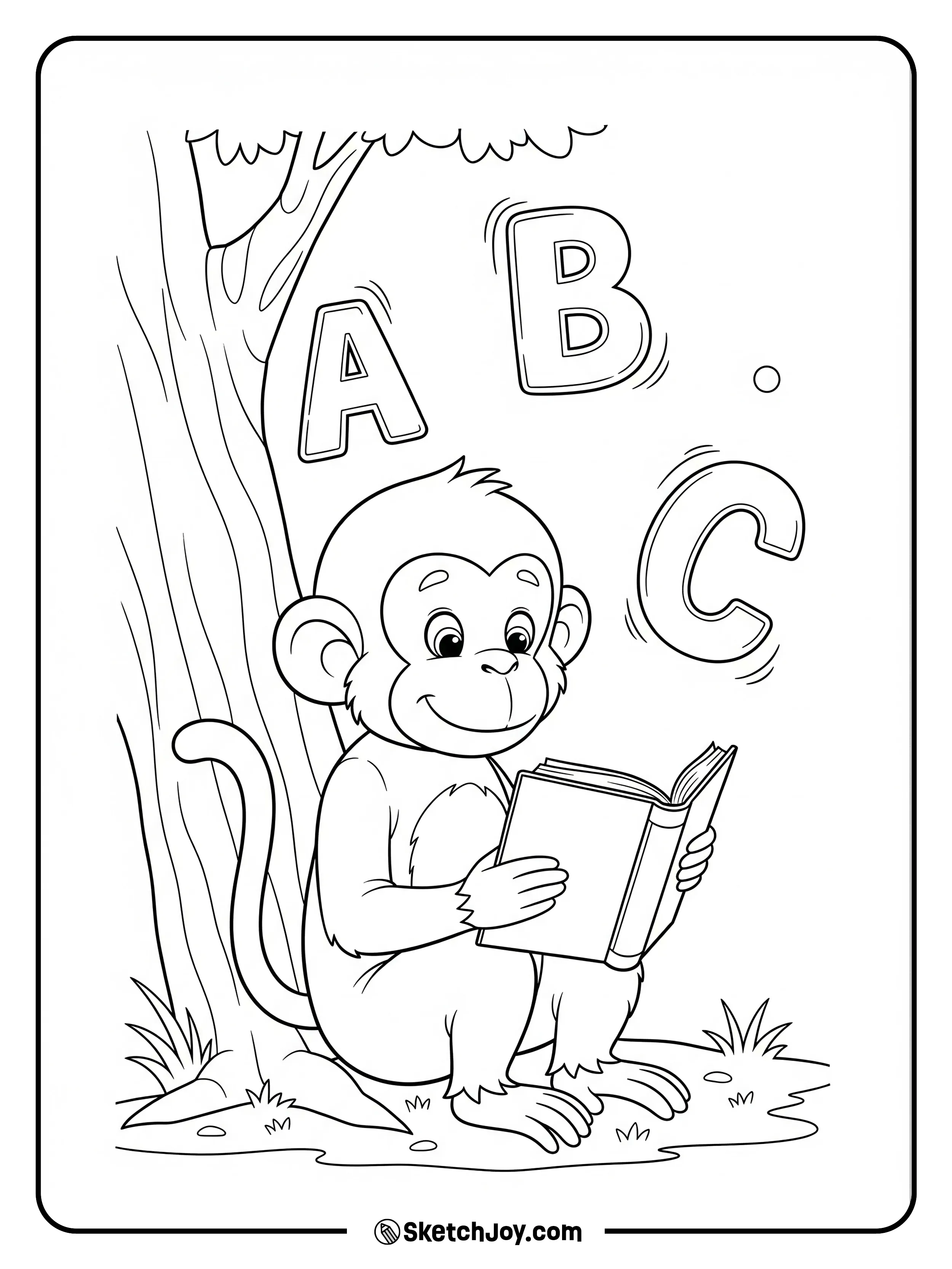 A calm monkey reads a book under shade. Letters A B C float above the book.
