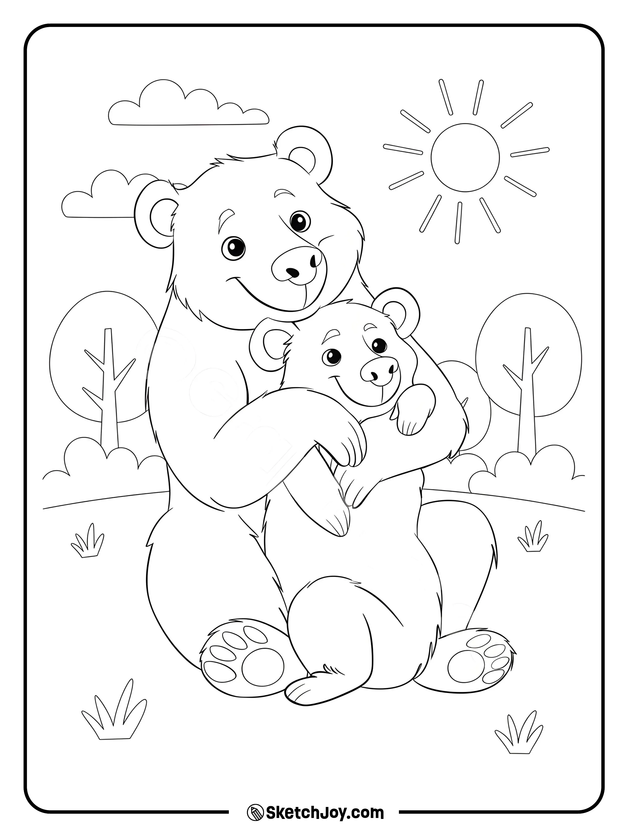 A smiling parent bear hugs a happy cub on a sunny meadow.