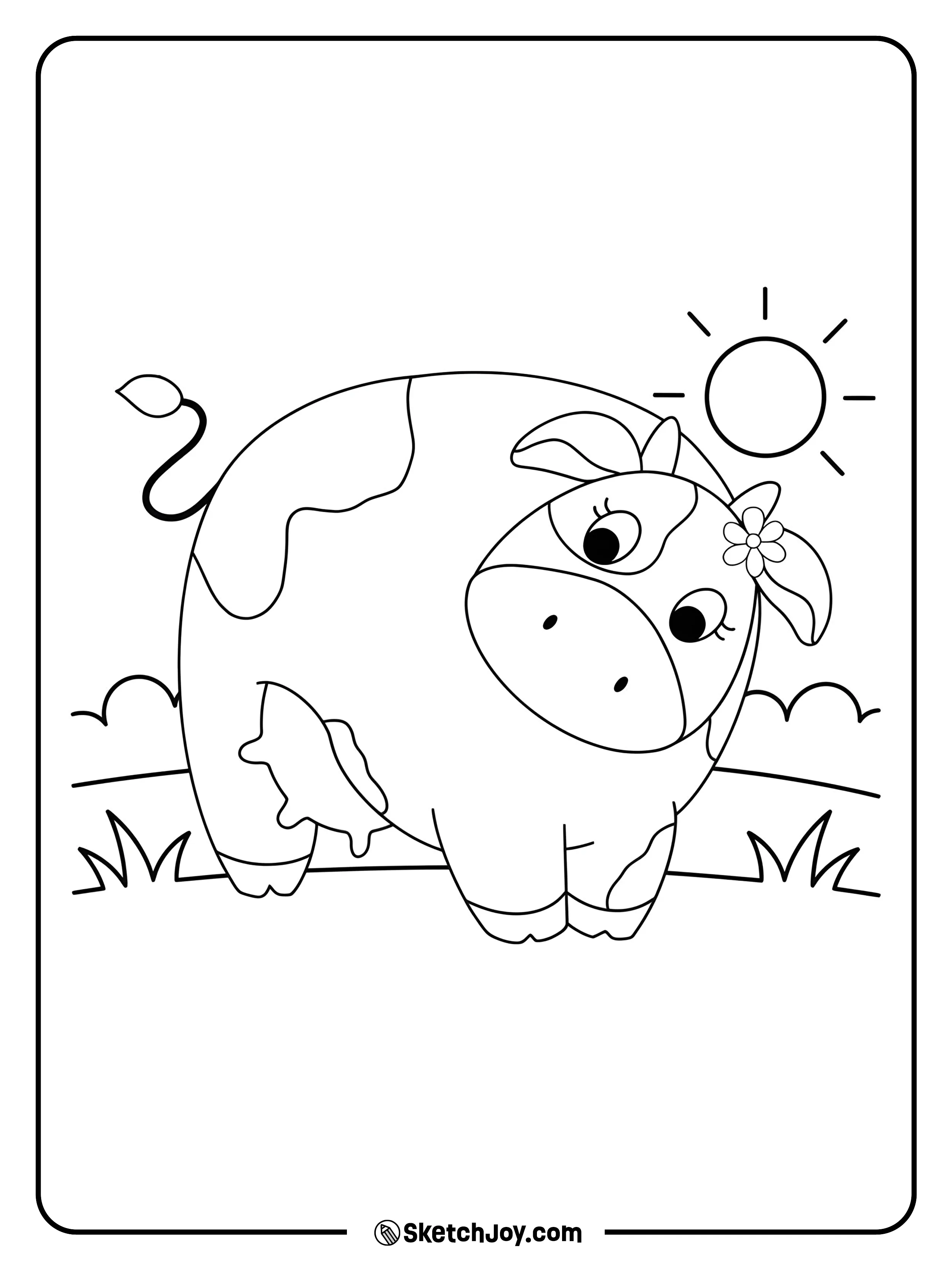 A round, friendly cow tilts her head in a bright meadow.