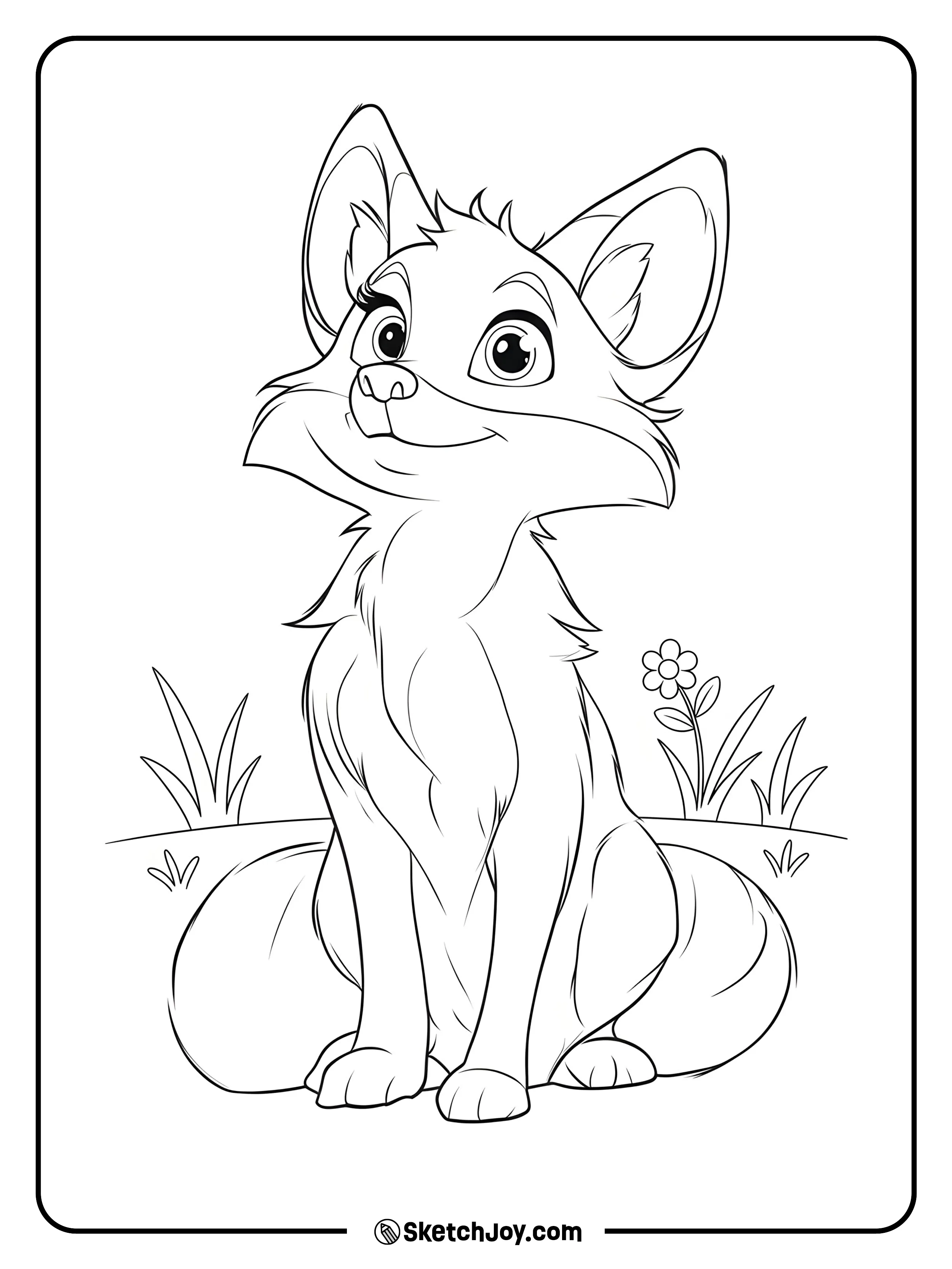 A bright-eyed fox sits with perked ears and a fluffy tail