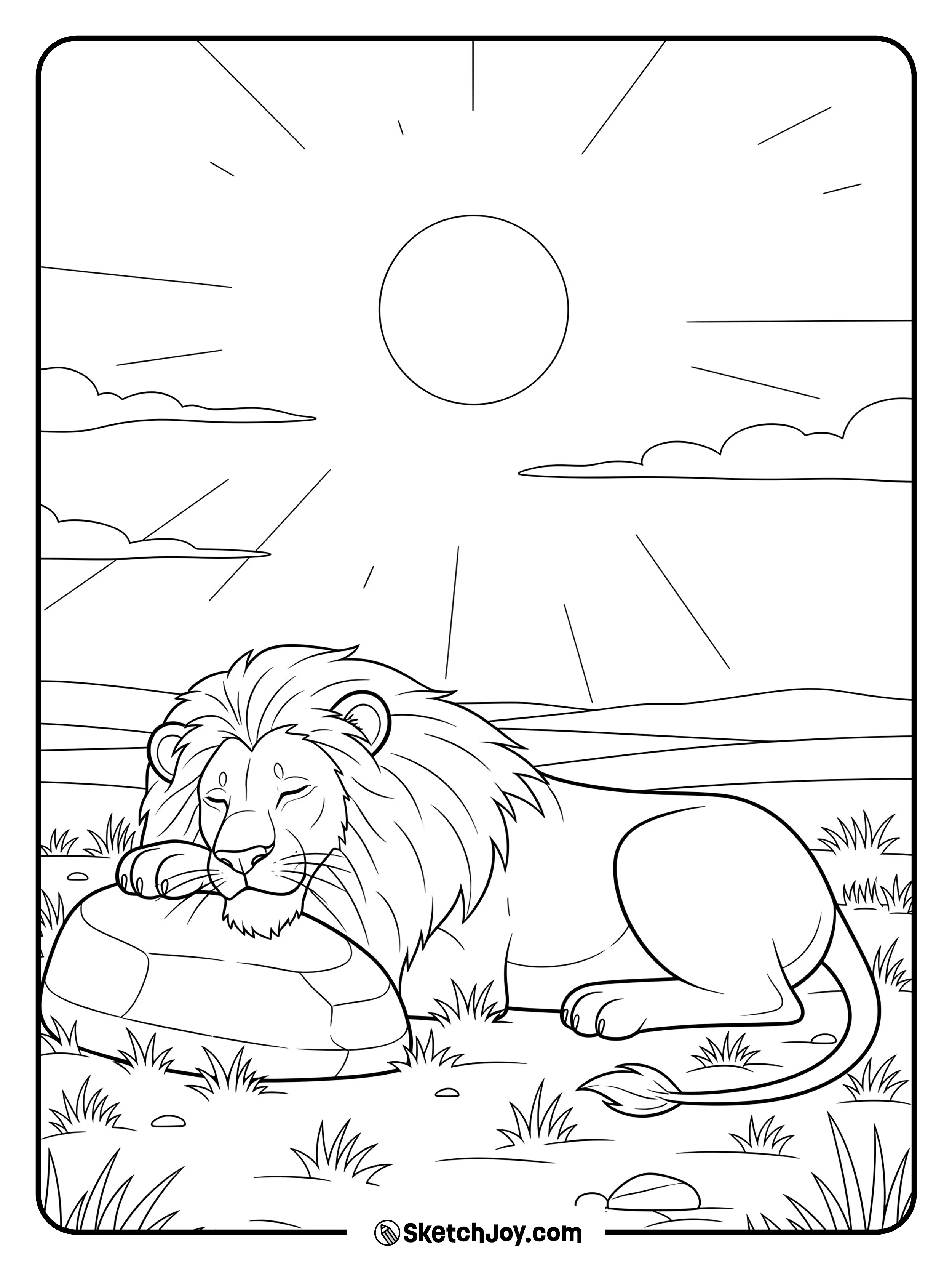 A sleepy lion curls up near short grass while the sun shines above.