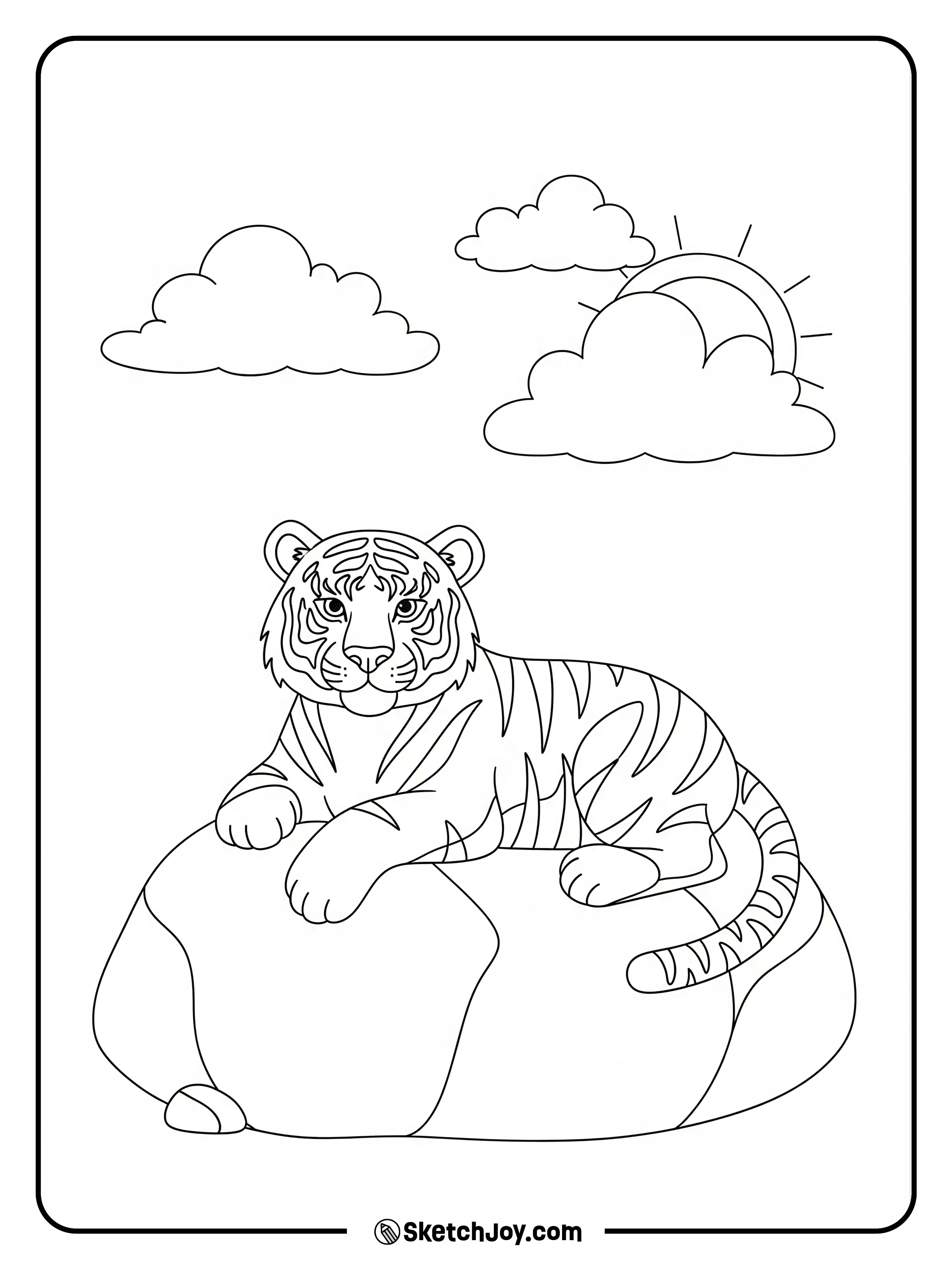 A resting tiger curls on a warm rock.