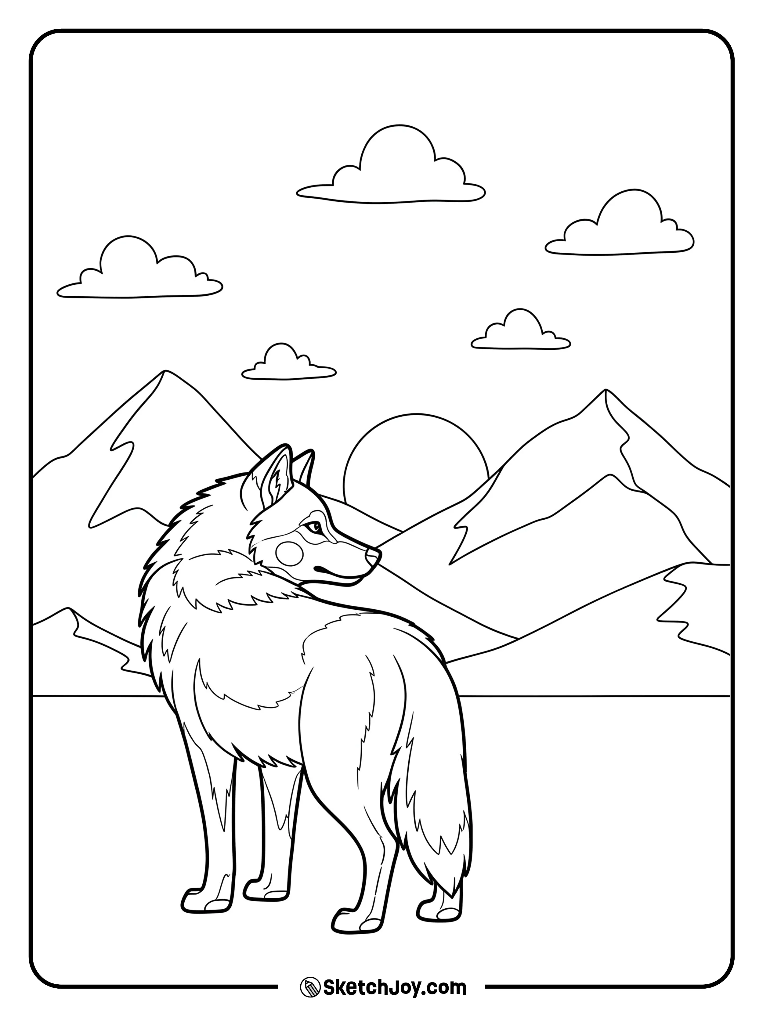 A wolf stands on a ridge and looks over its shoulder.