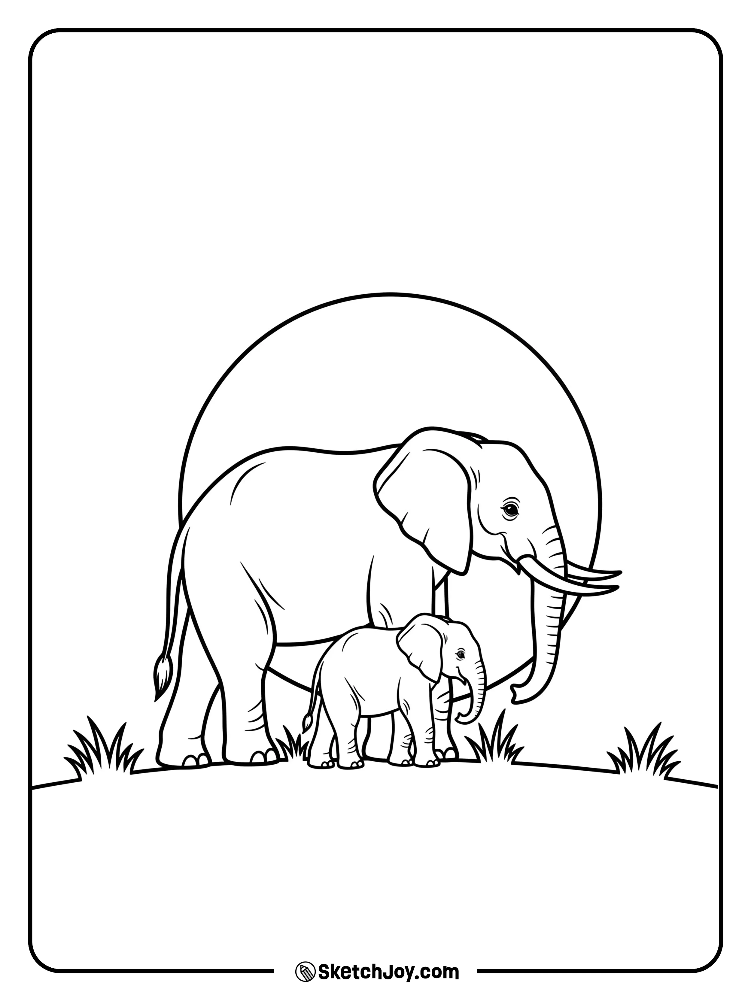 Two elephants walk across a ridge with a round sun behind them.