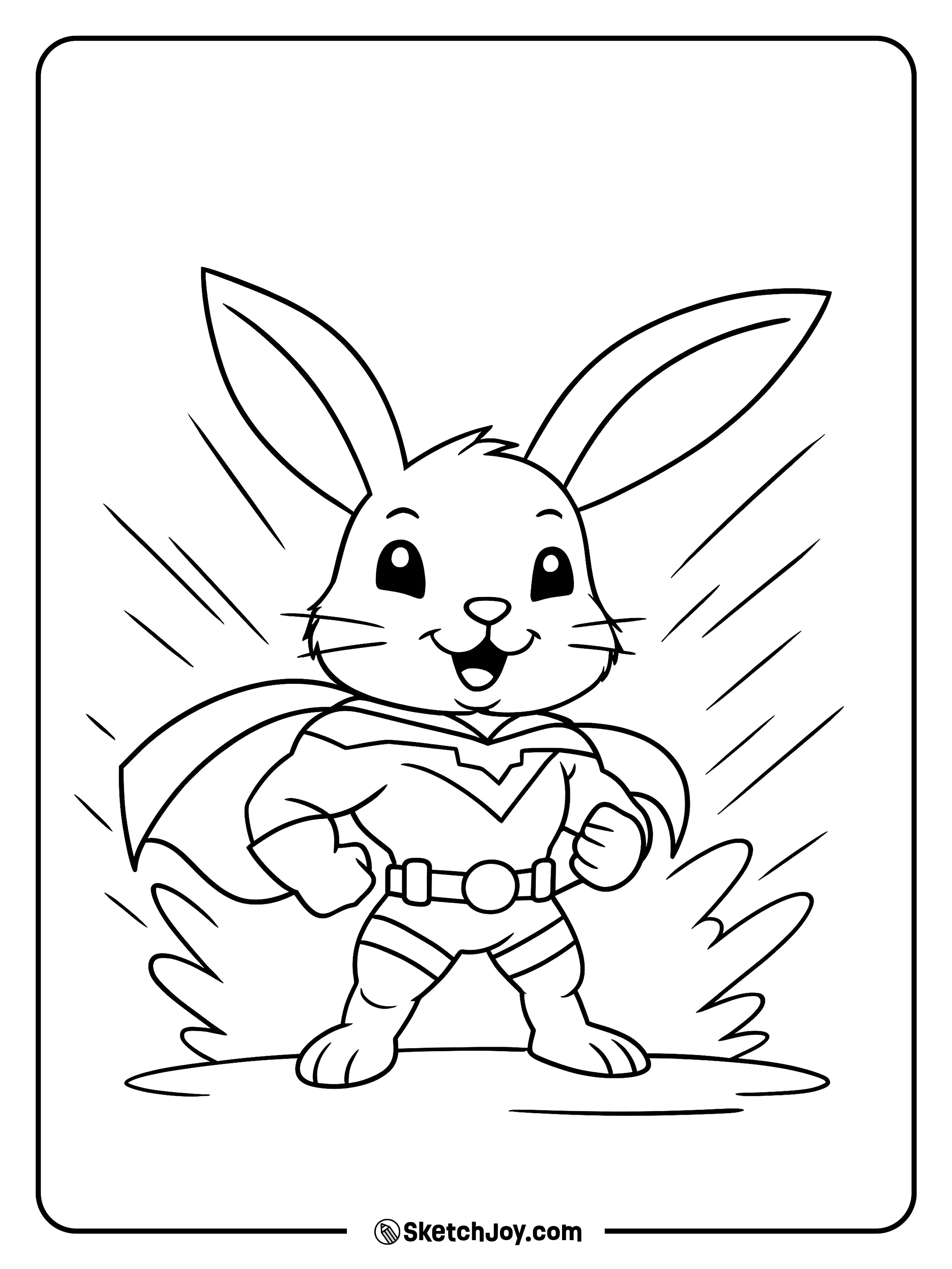 A brave bunny stands like a hero with a cape and a big smile.
