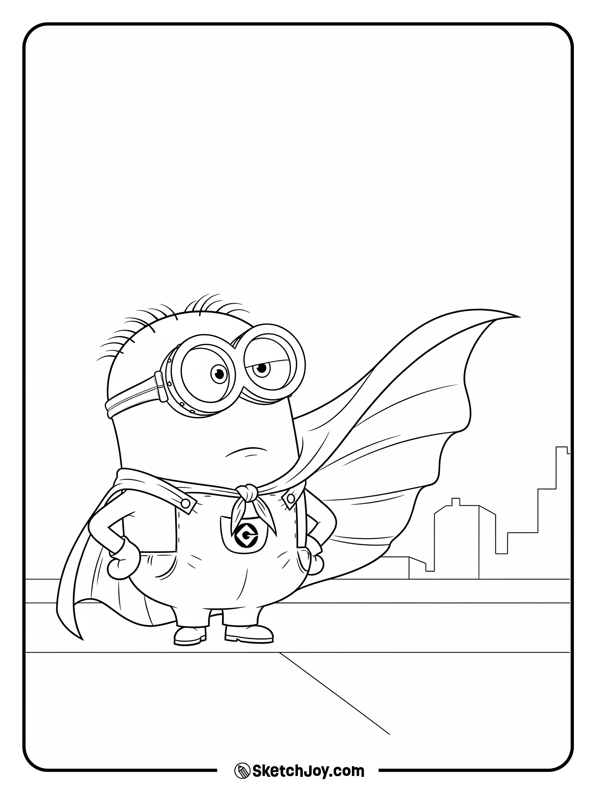 A Minion in a cape stands on a roof edge with a tiny city skyline far behind.