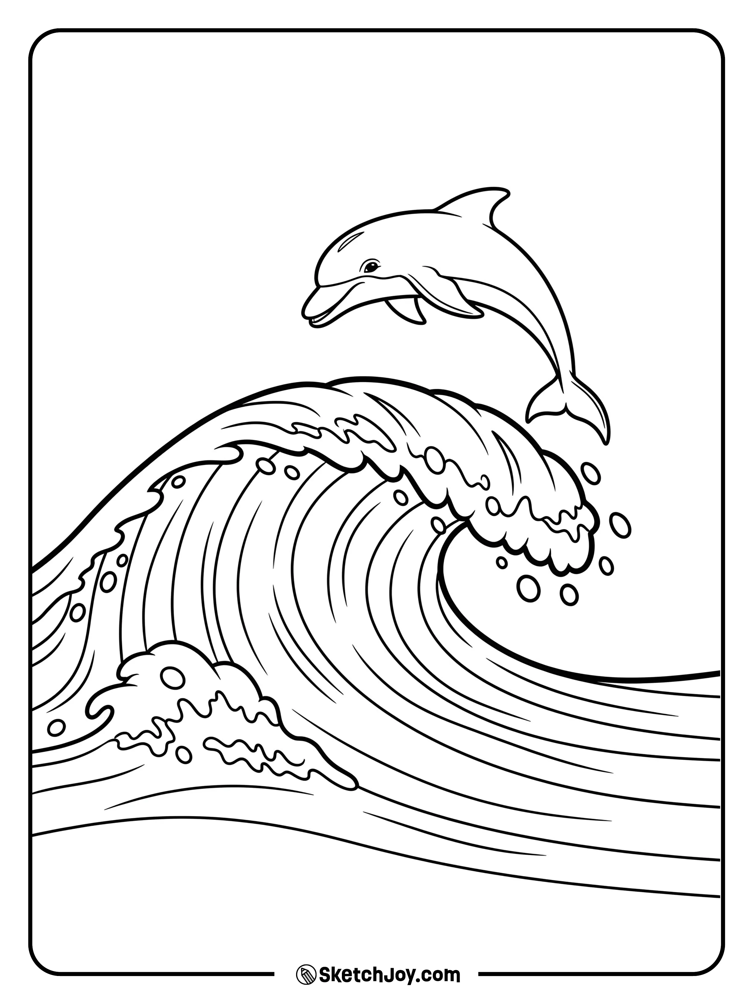 A bold dolphin clears a single curling surf wave with light foam marks.