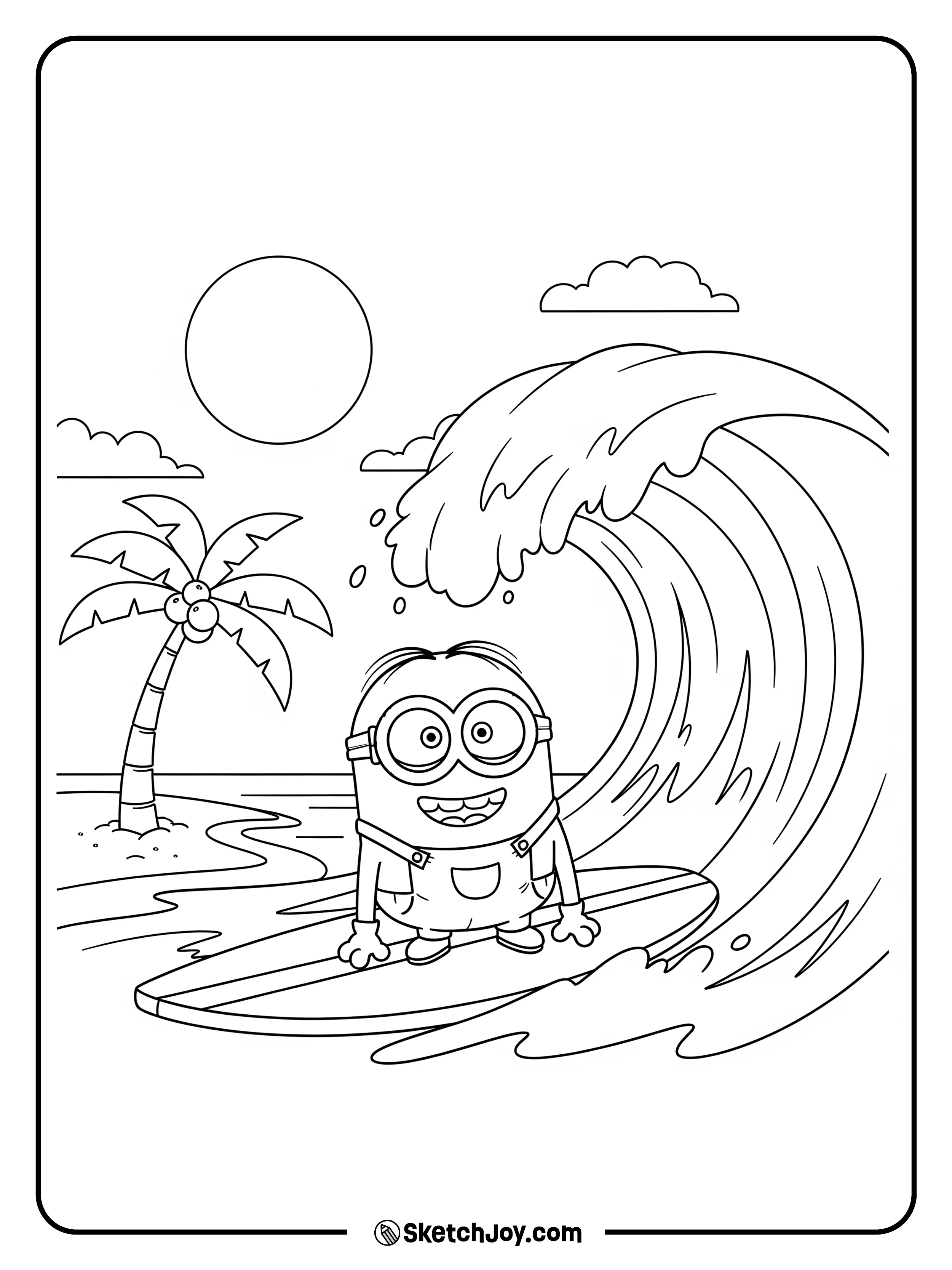 A Minion rides a small wave on a short board.
