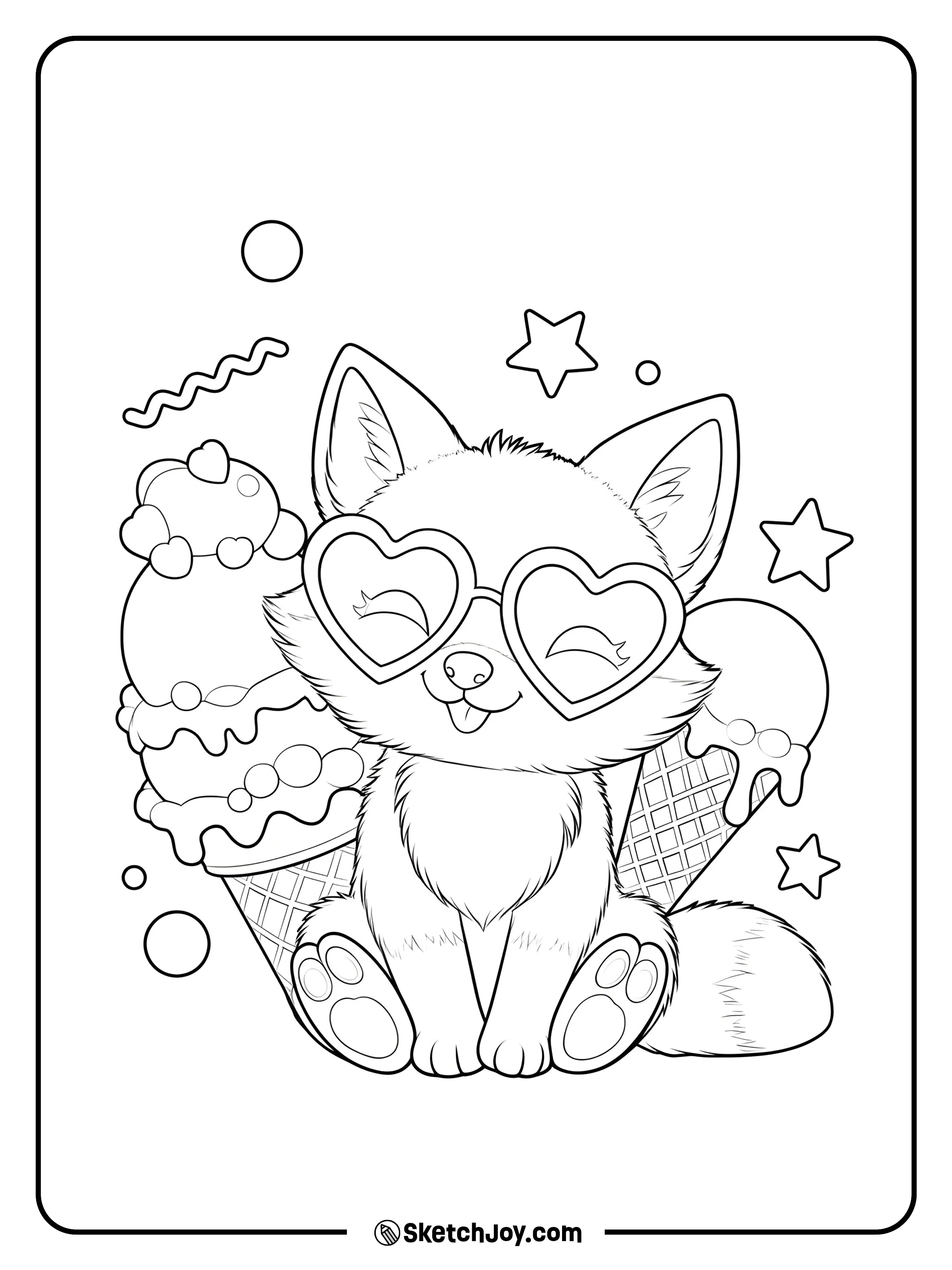 A playful fox sits with heart-shaped sunglasses while giant ice cream cones rise behind it