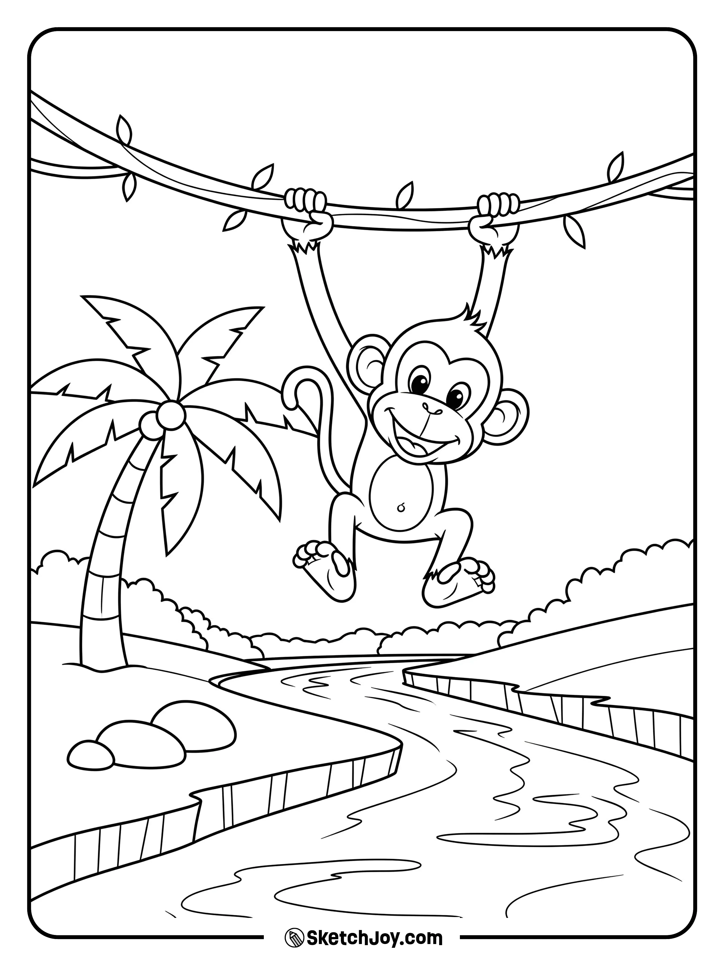 A happy monkey swings from a vine above a calm river.
