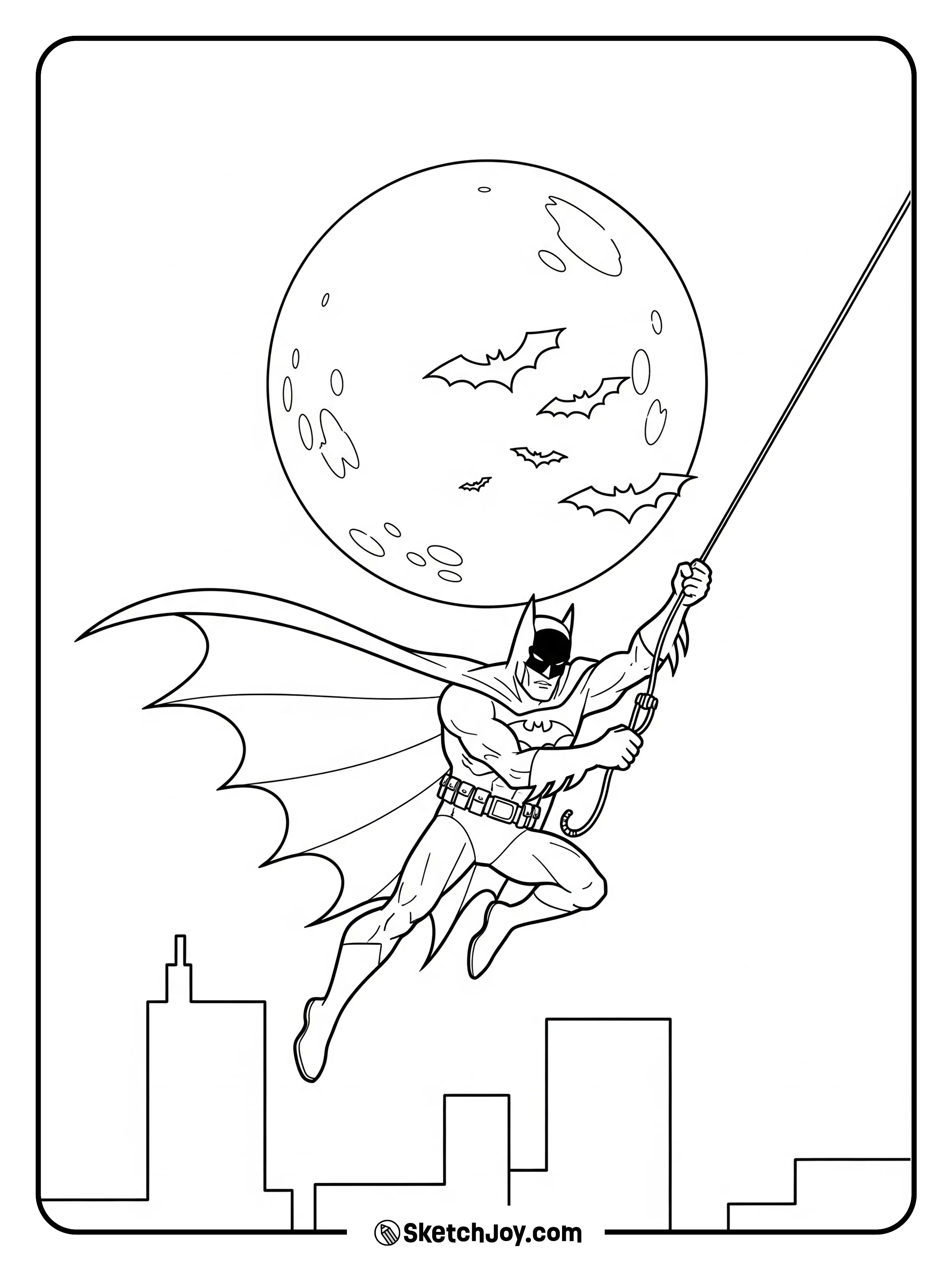 Batman swings on a line with the full moon behind him.
