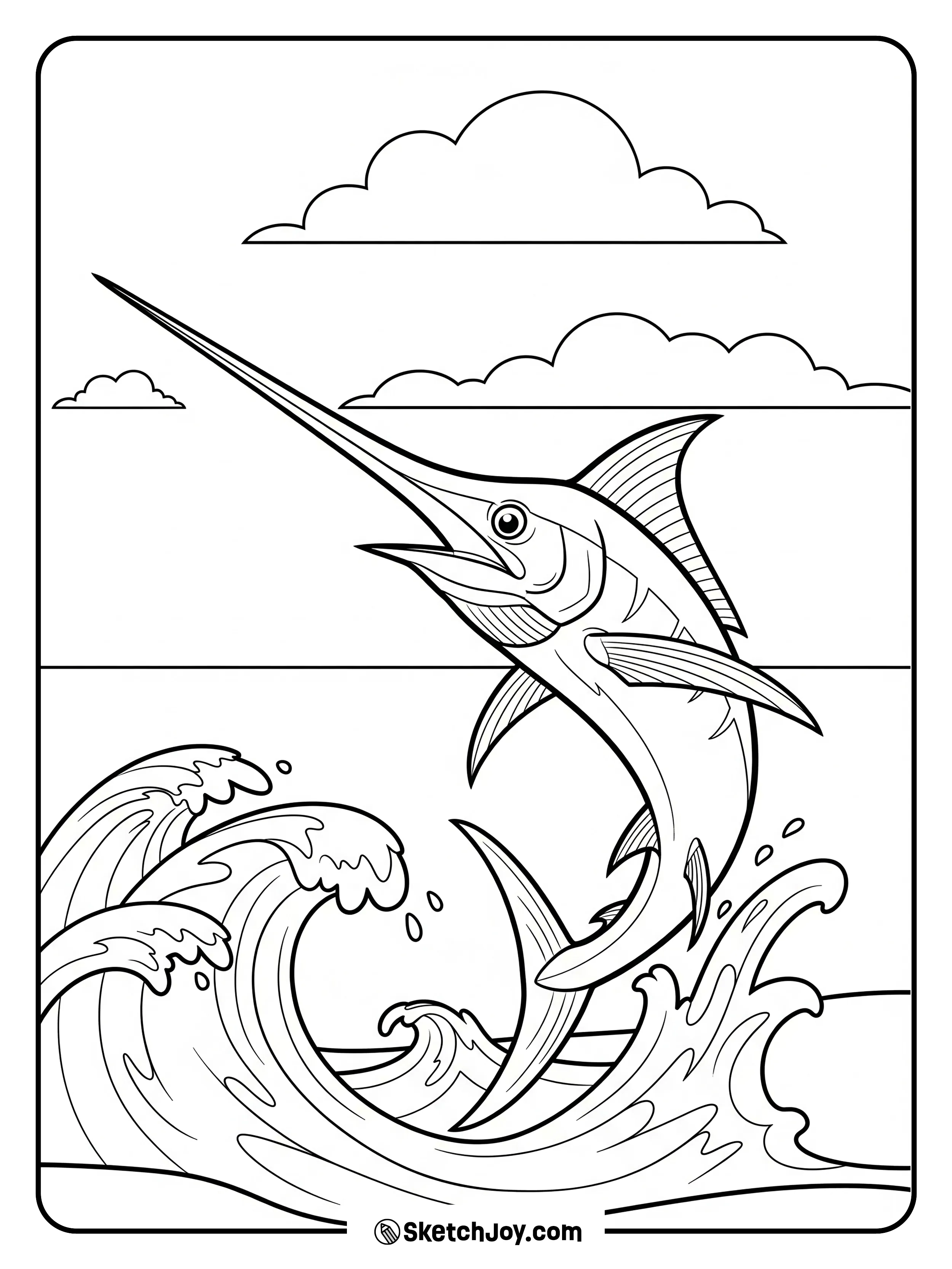 A swordfish slices through calm waves.